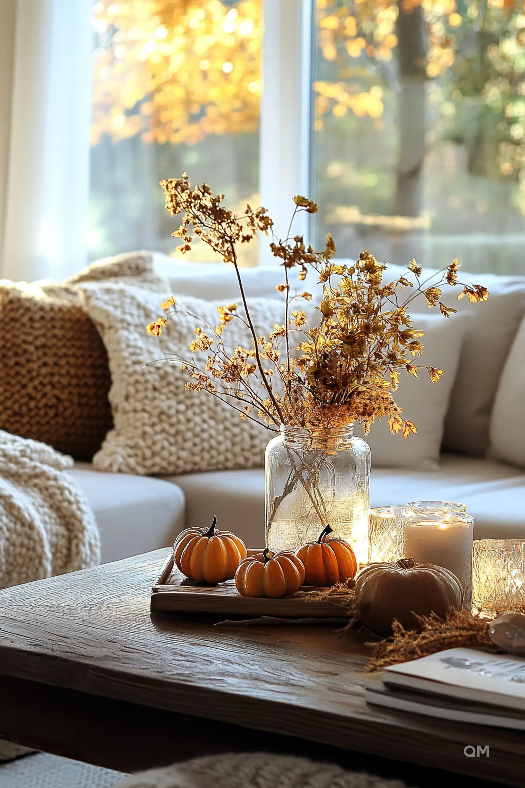 Cozy autumn living room decor with dried flowers in a jar, mini pumpkins, candles, and a warm knit blanket on a sofa near a sunny window.