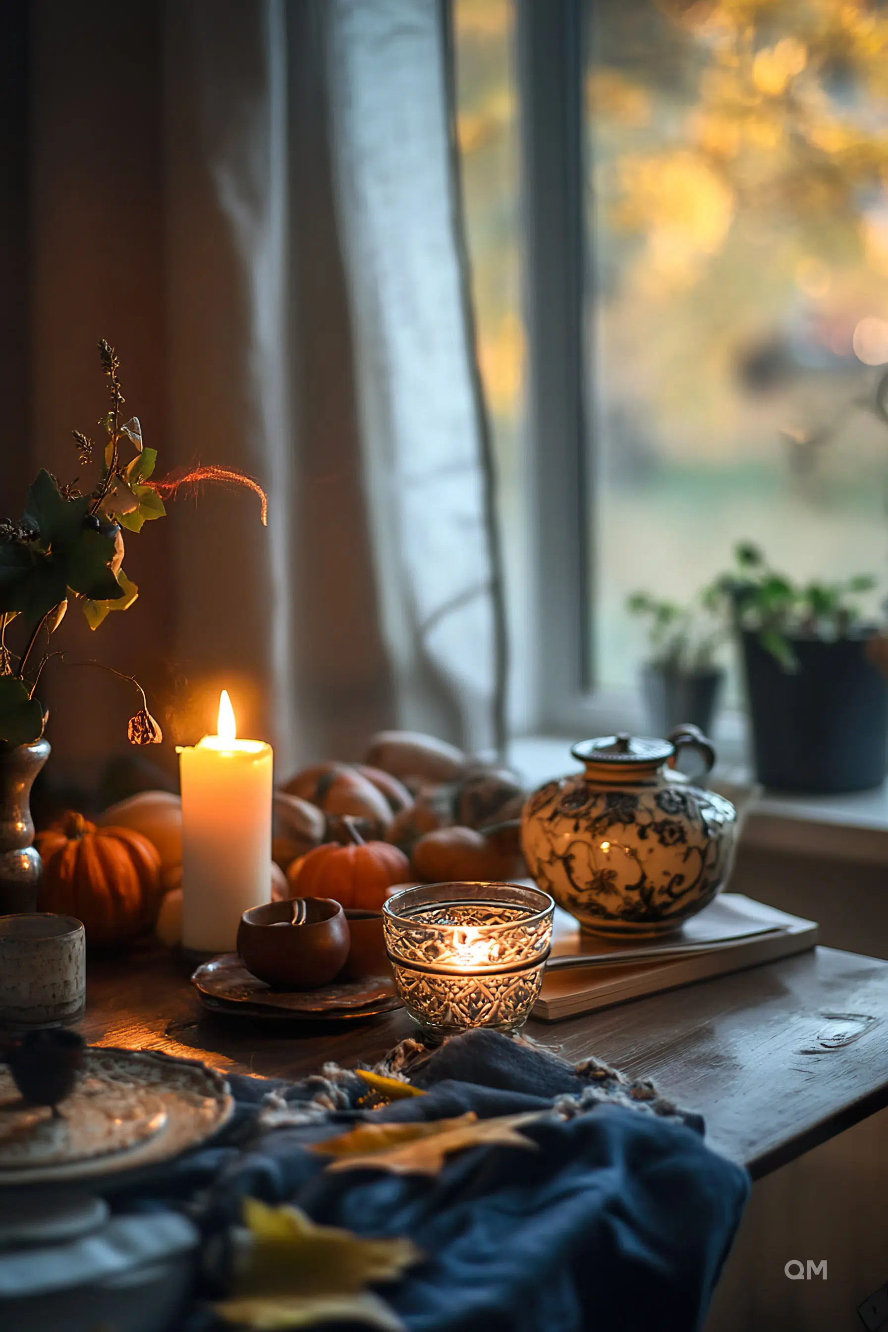 Cozy autumnal setting with a lit candle, pumpkins, teapot, and a glowing candle holder on a wooden table by a window with fall colors outside.