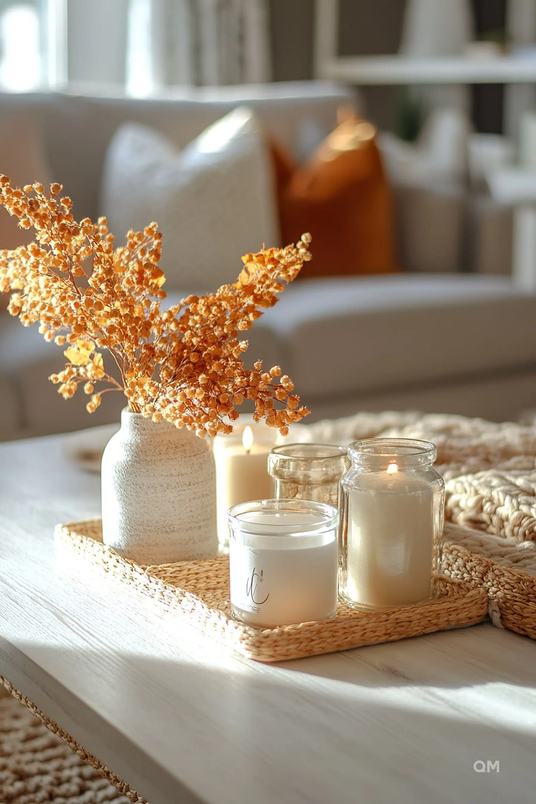 Cozy home setting with a textured table runner, lit candles in jars, and a vase with dried flowers, warm sunlight filtering through.