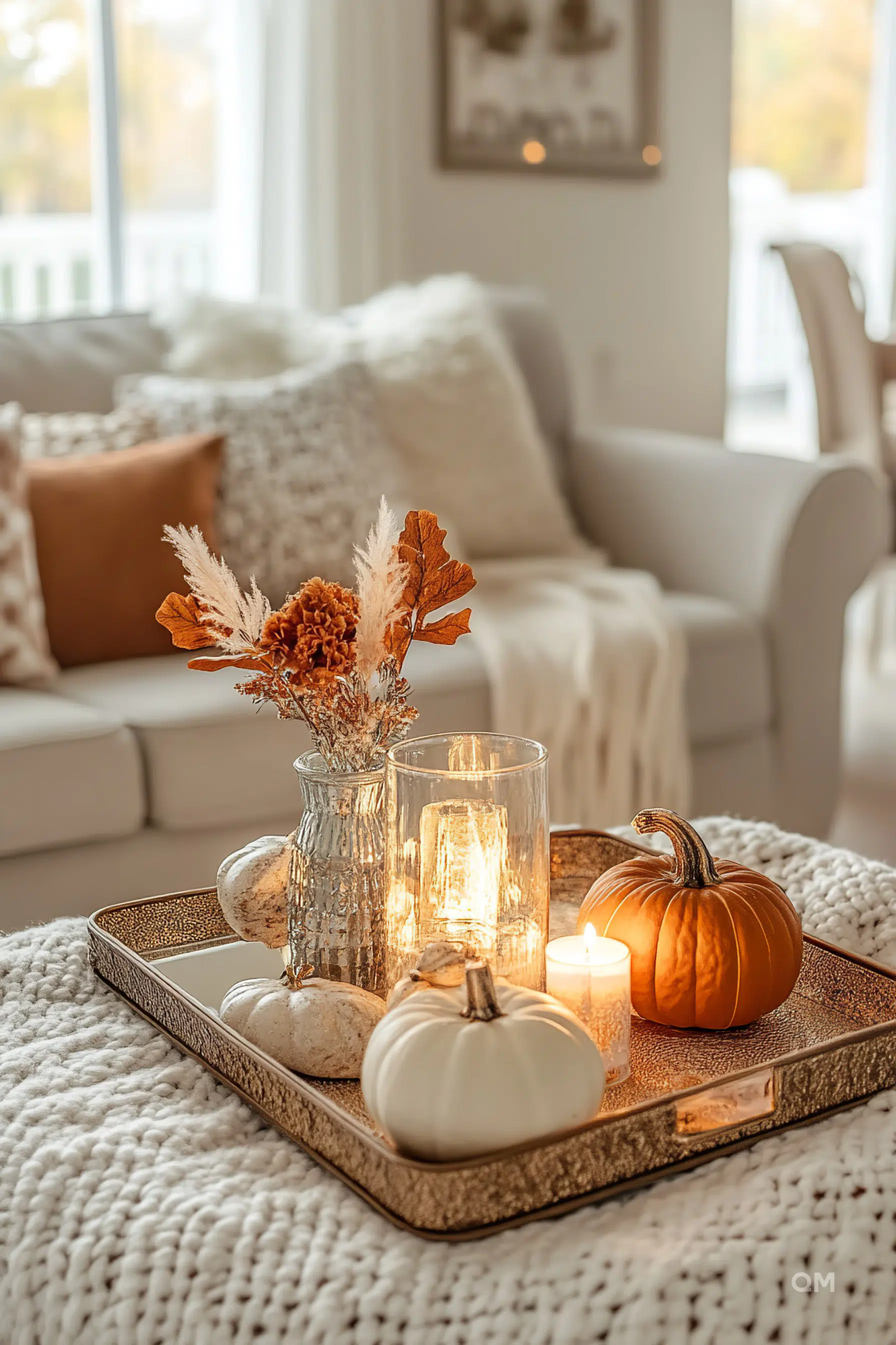 Cozy autumnal home decor with lit candles, pumpkins, and dried flowers on a tray over a knitted blanket with soft-focused living room background.