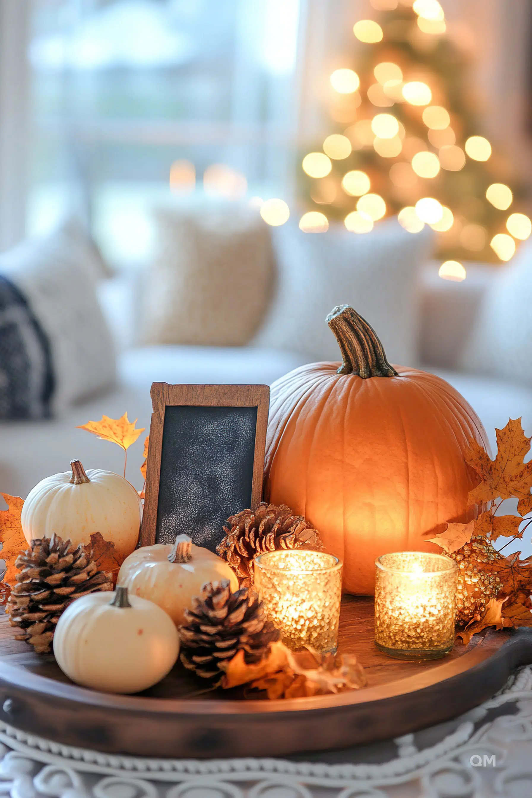 Cozy autumn centerpiece with orange and white pumpkins, pine cones, candles, and a chalkboard, with blurry lights of a Christmas tree in the background.