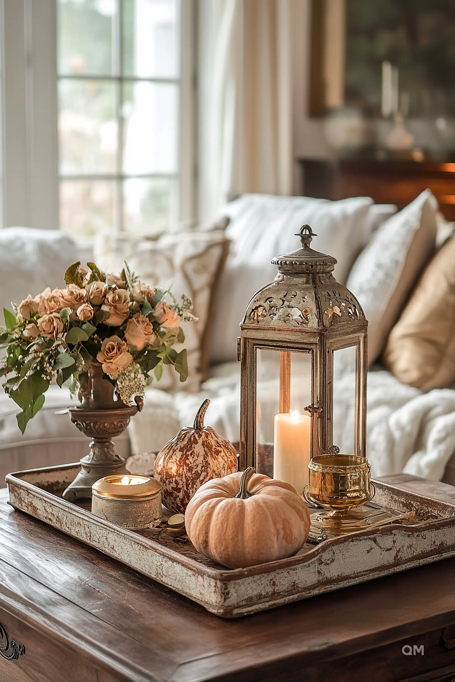 Cozy autumnal home decor with lit candles in a lantern and votive, pumpkins, and a bouquet of roses on a wooden coffee table.