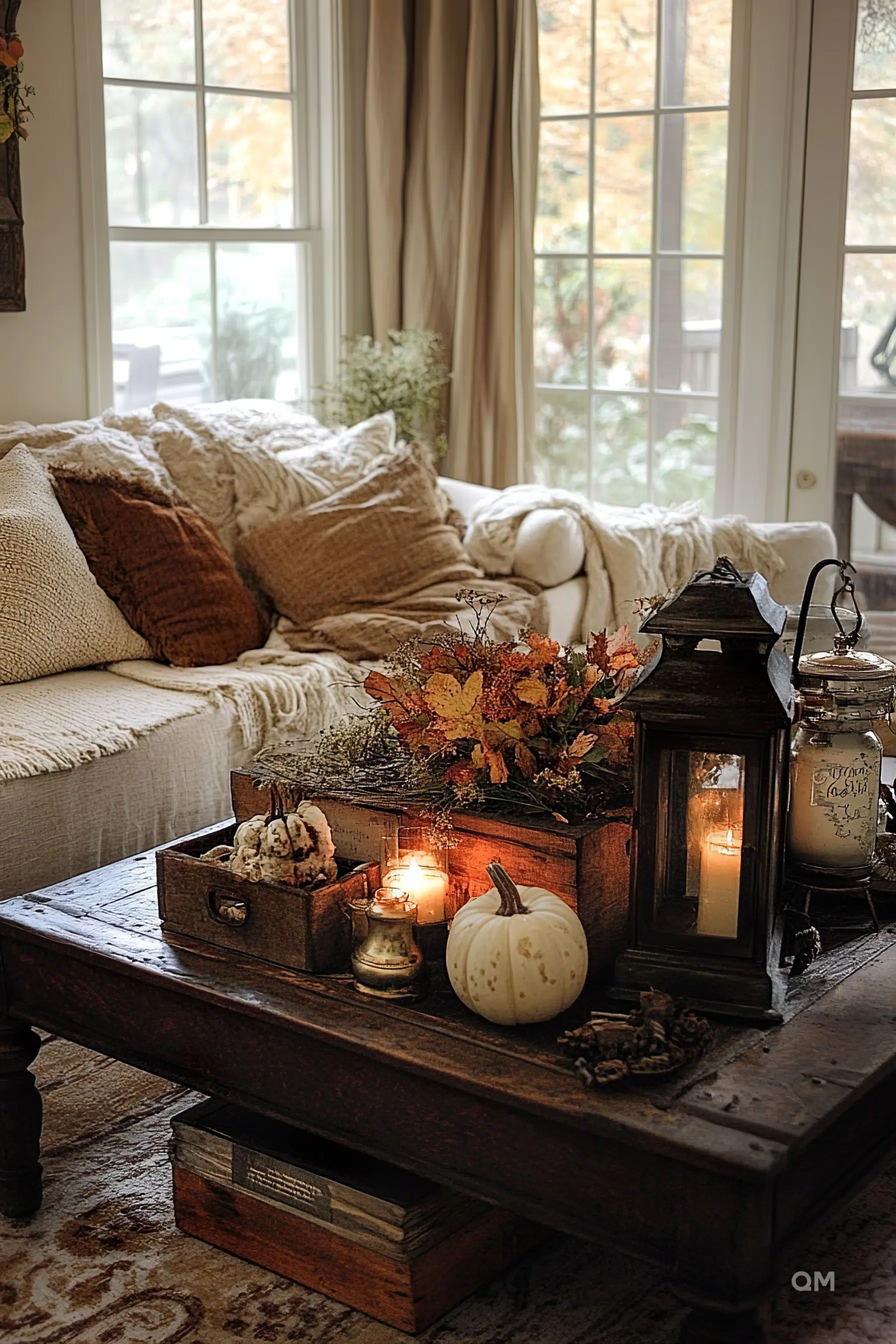 Cozy living room corner with a comfy couch, lit candles, and autumn decorations on a wooden coffee table, near a bright window with fall foliage outside.