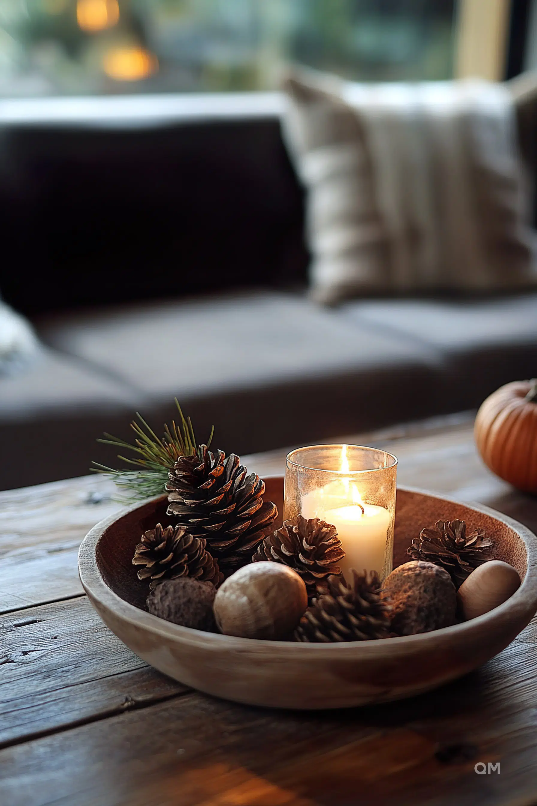 Alt text: A cozy autumn centerpiece with pine cones, nuts, and a lit candle in a wooden bowl on a rustic table, with soft-focus on a sofa and pillow in the background.