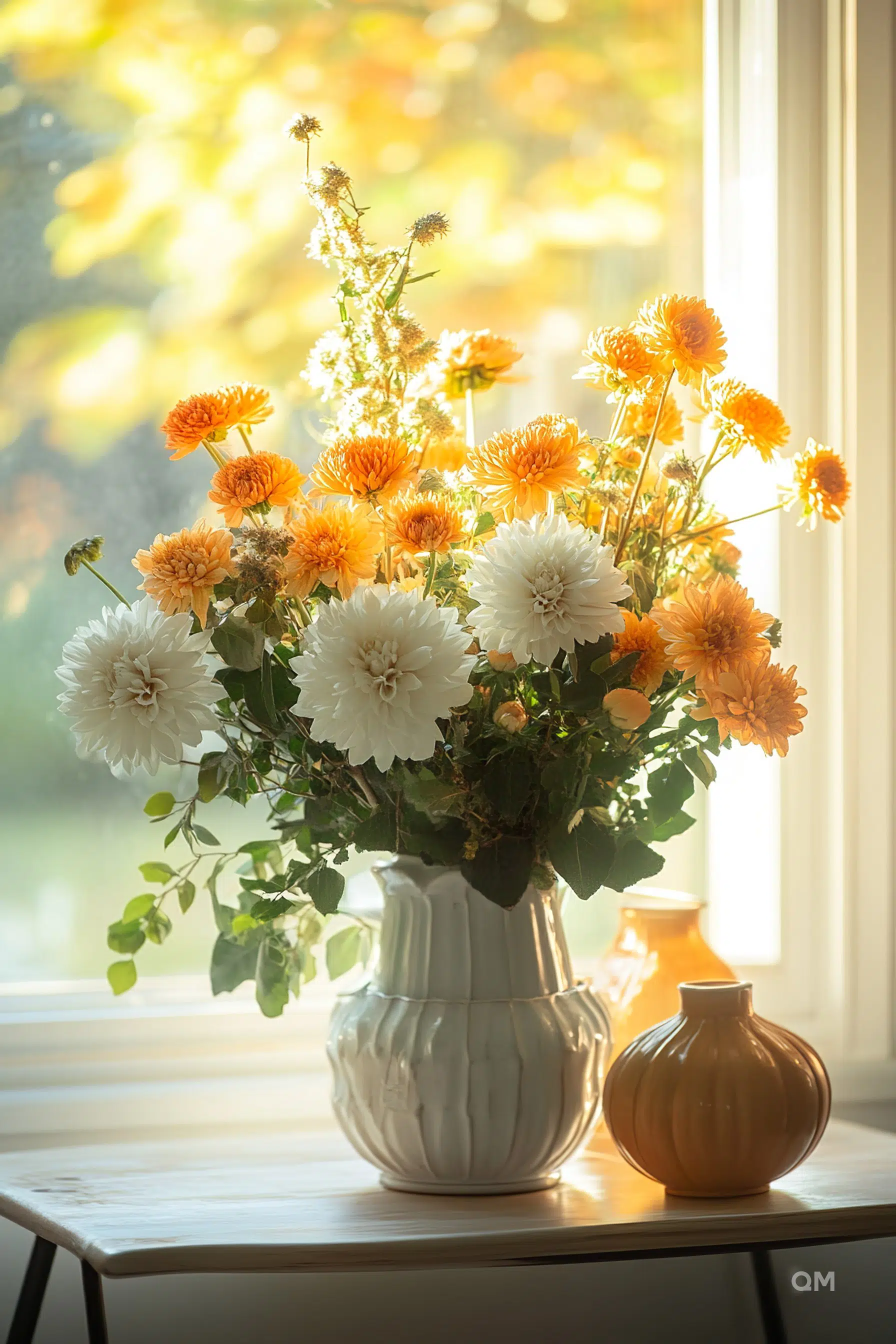 A bouquet of white and orange flowers in a white vase on a table, with sunlight filtering through a window and autumn leaves outside.