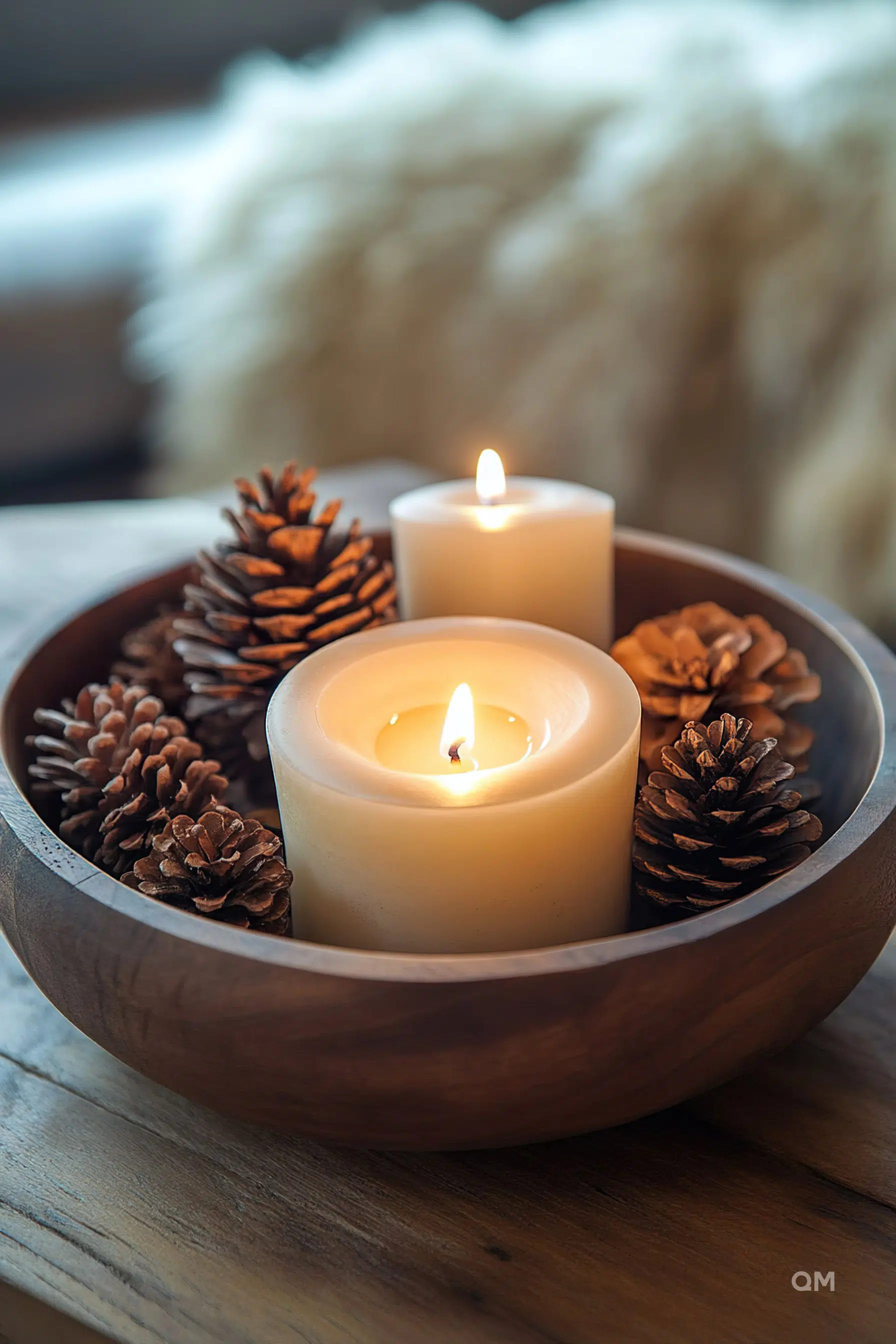 A wooden bowl containing lit candles and pine cones with a soft-focus background, conveying a cozy, warm atmosphere.
