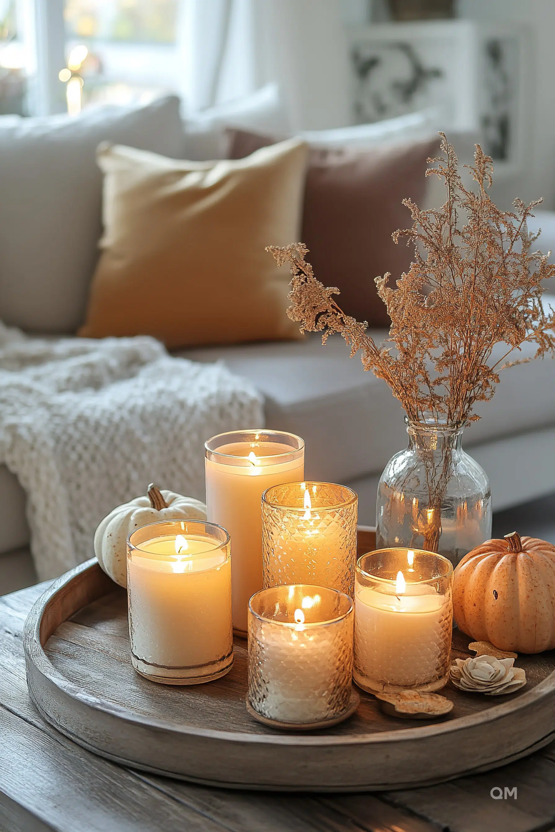 A cozy arrangement of lit candles on a wooden tray with a white pumpkin and dried flowers, set against a sofa with cushions.