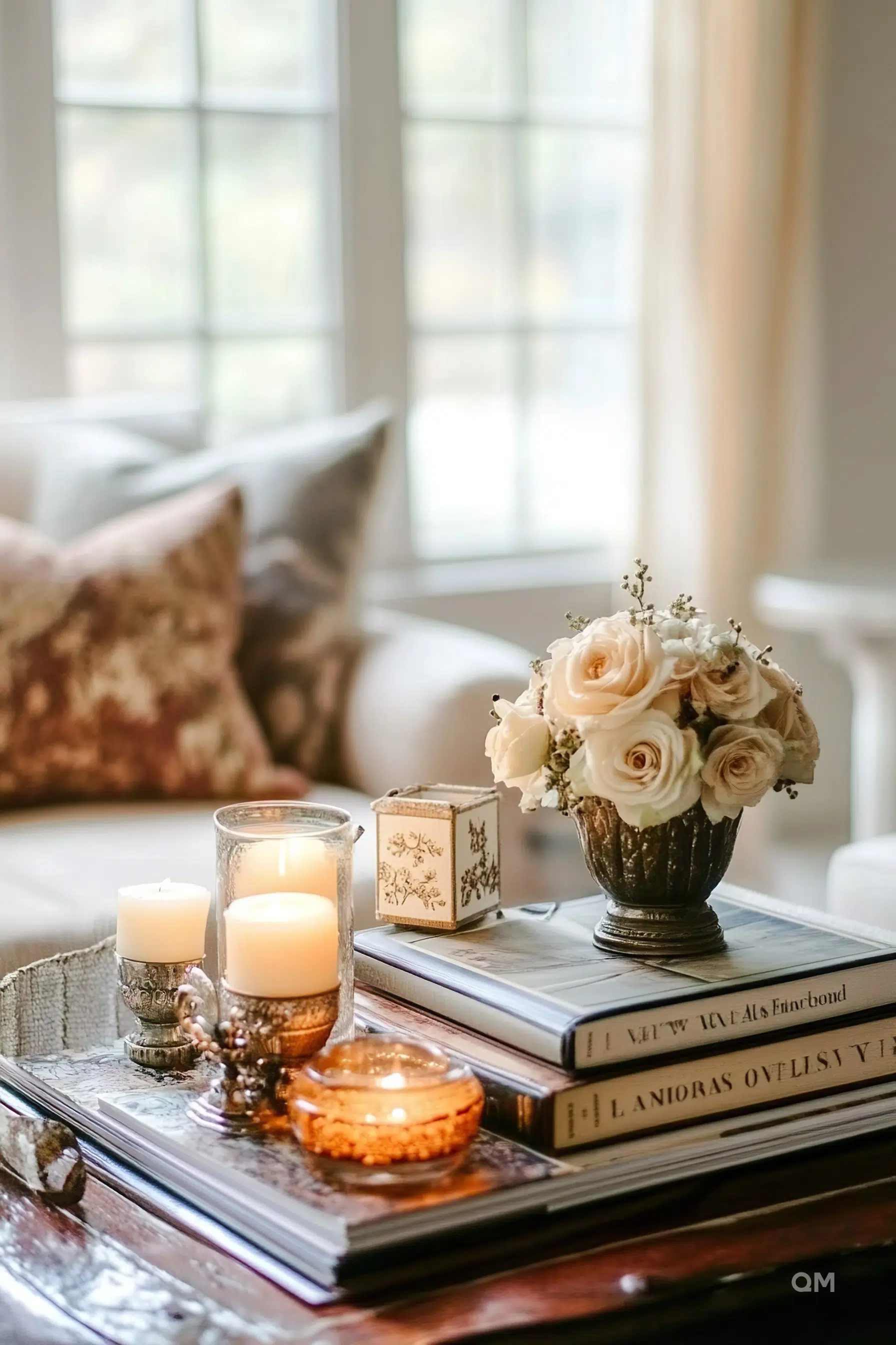 ALT: A cozy living room with a bouquet of white roses in a vintage vase, decorative candles, and stacked books on a wooden coffee table.
