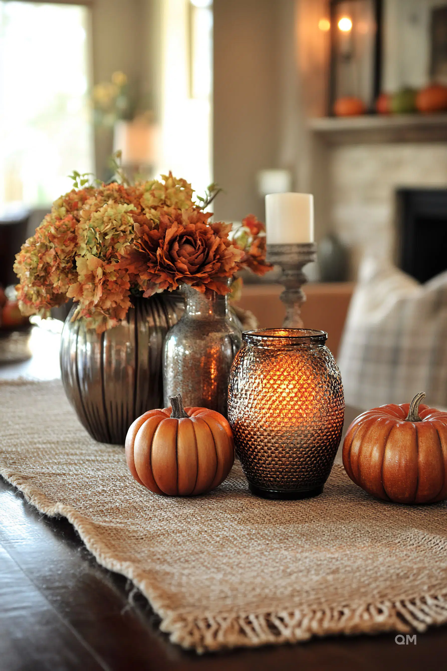 A warm autumn-themed table setting with pumpkins, a lit candle, and a vase of fall flowers on a burlap runner.