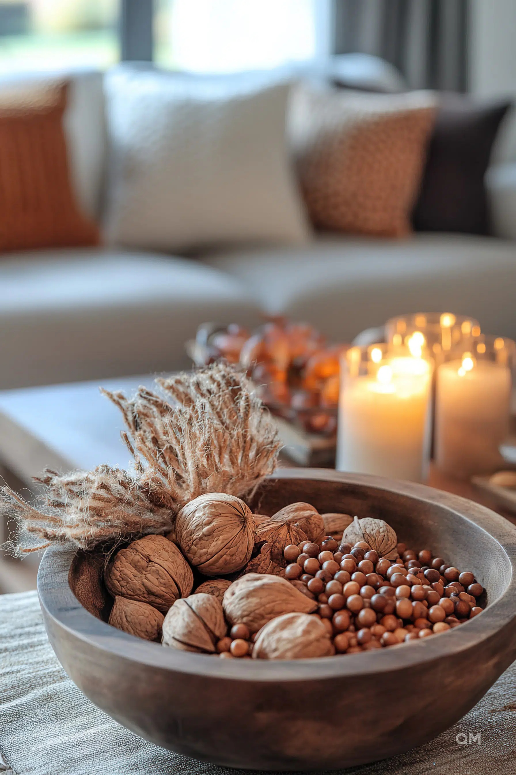 Cozy living room detail featuring a wooden bowl with nuts, dried flowers, and lit candles in soft focus background.