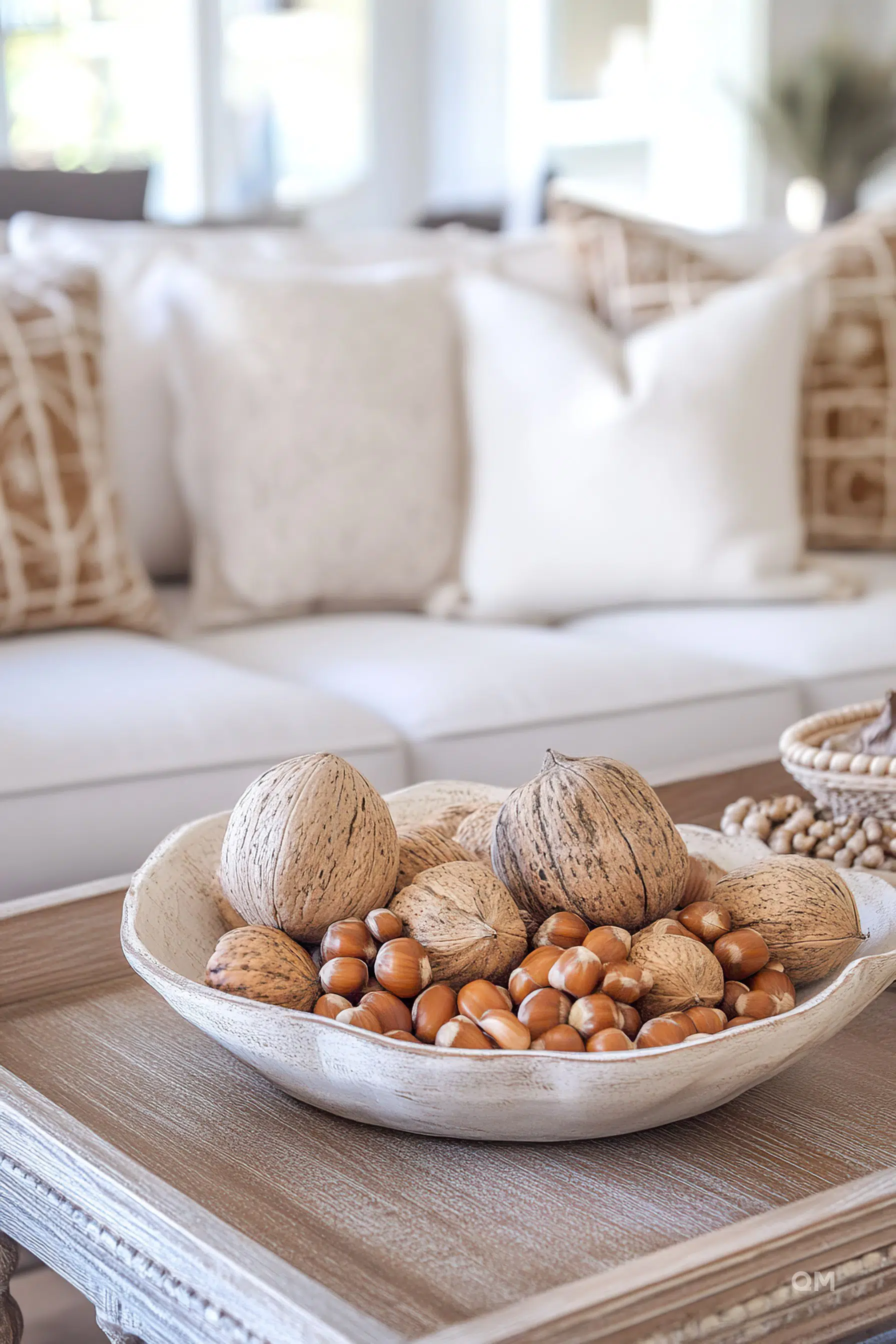 A bowl of mixed nuts on a wooden table with a blurred background of a cozy living room with cushions.