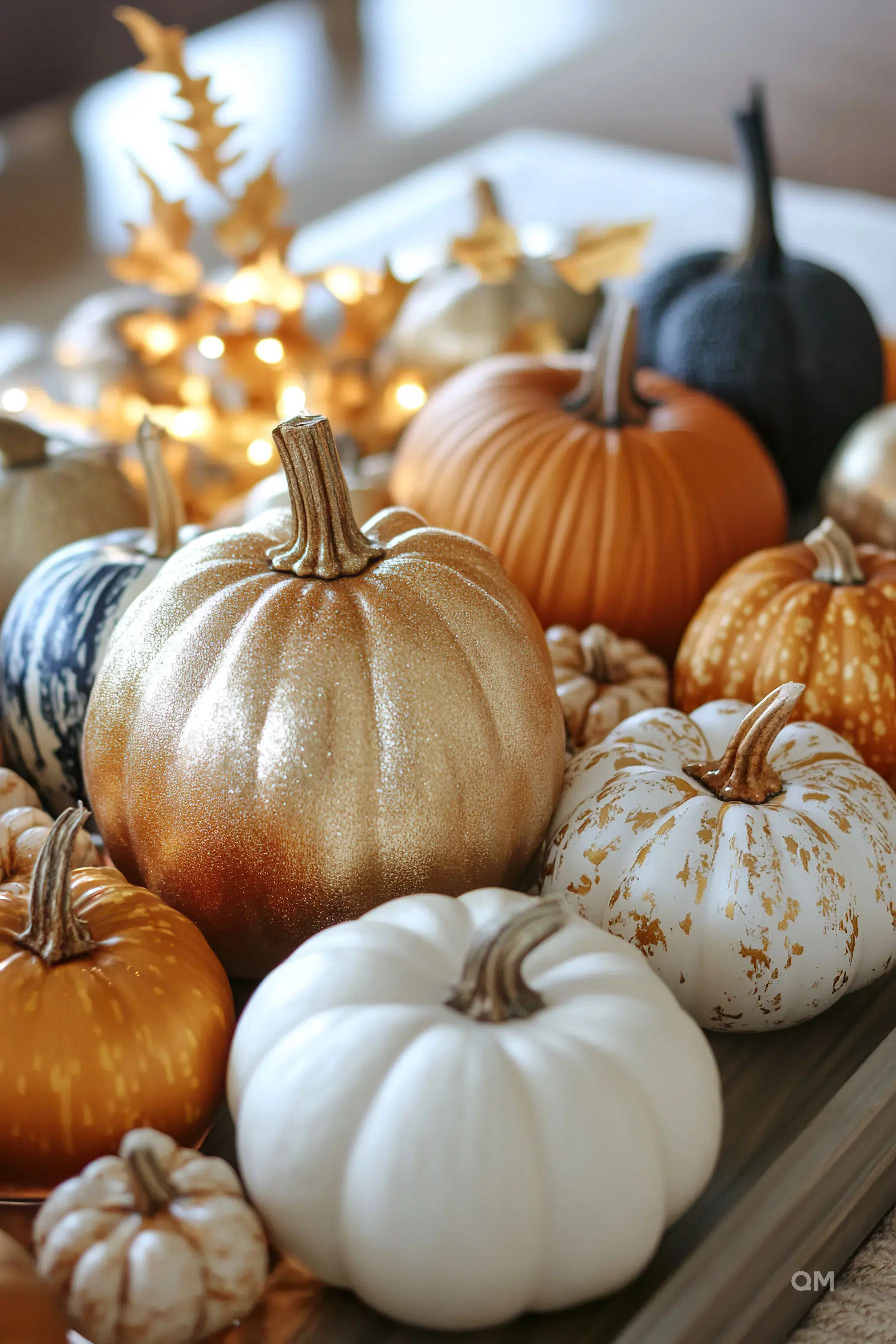 A decorative autumn display featuring various pumpkins with gold accents and twinkling lights in the background.