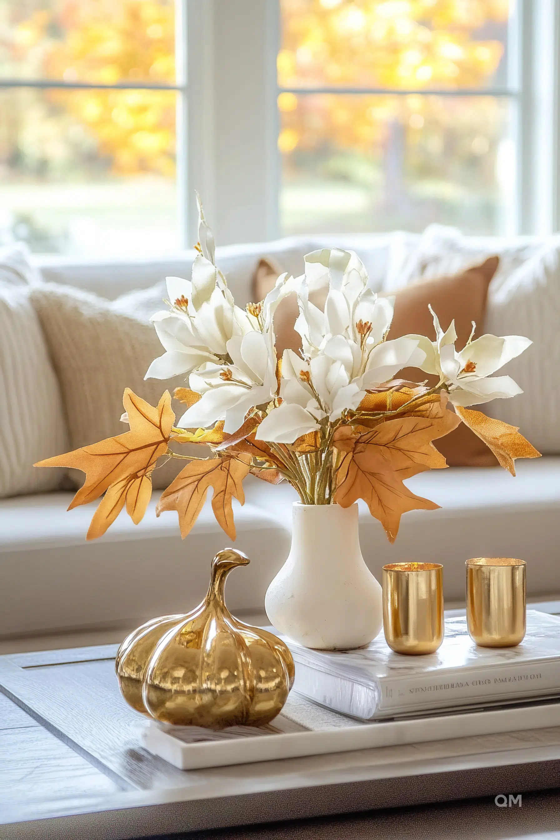 A cozy autumn-themed living room decor with white flowers in a vase, golden leaves, a metallic pumpkin, and candle holders on a coffee table.