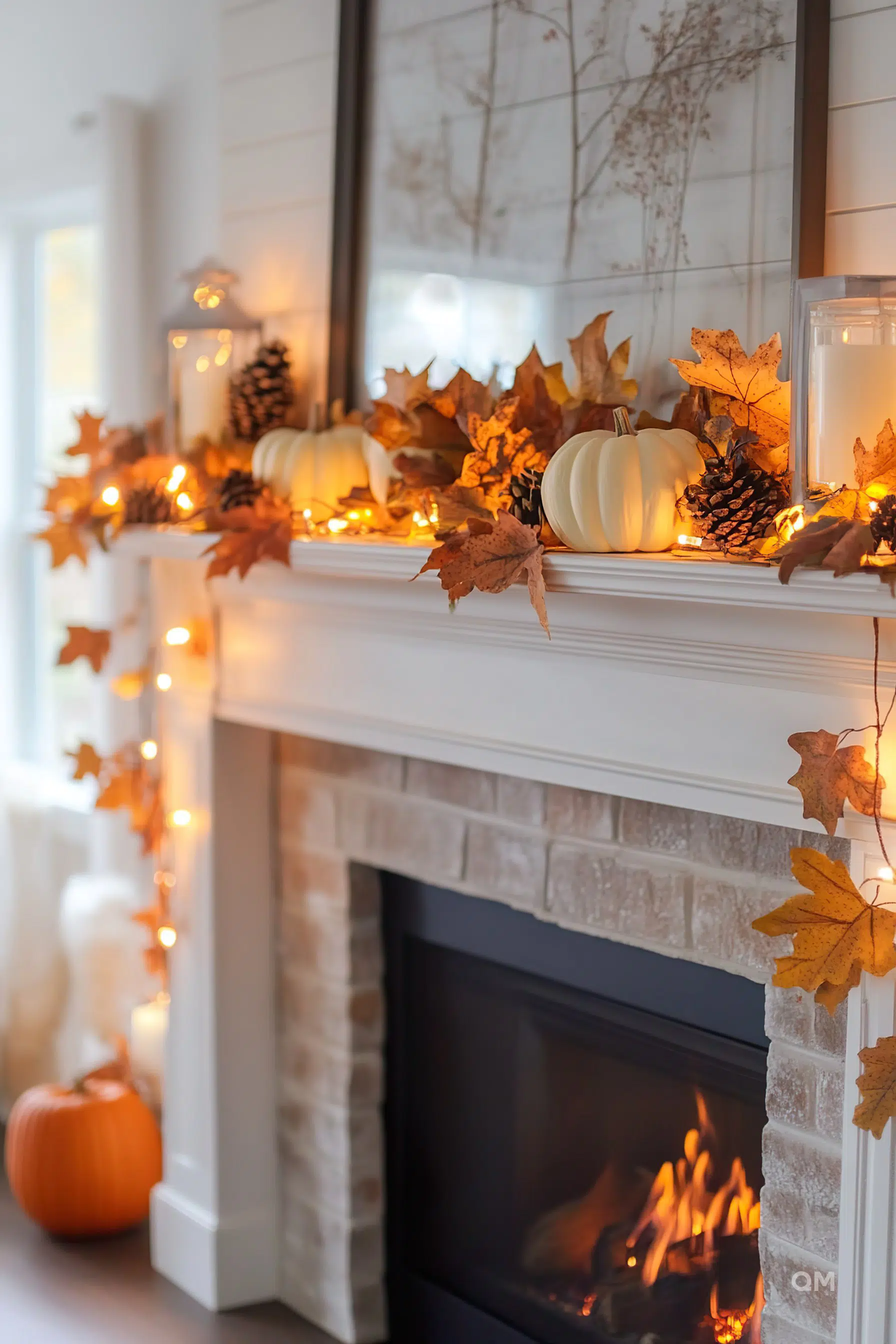 A cozy autumn-themed fireplace mantel adorned with white pumpkins, fallen leaves, pine cones, and twinkling string lights.