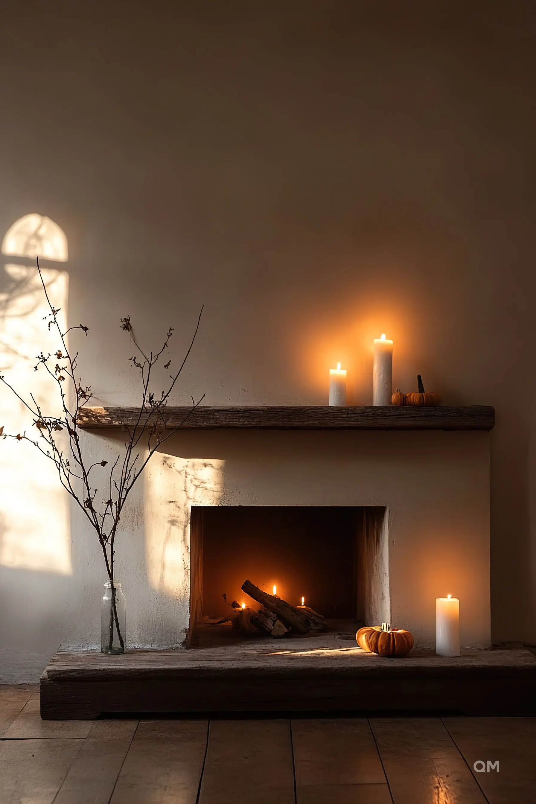 Cozy room with a lit fireplace, candles on the mantel, a pumpkin, and a vase with branches casting warm light.