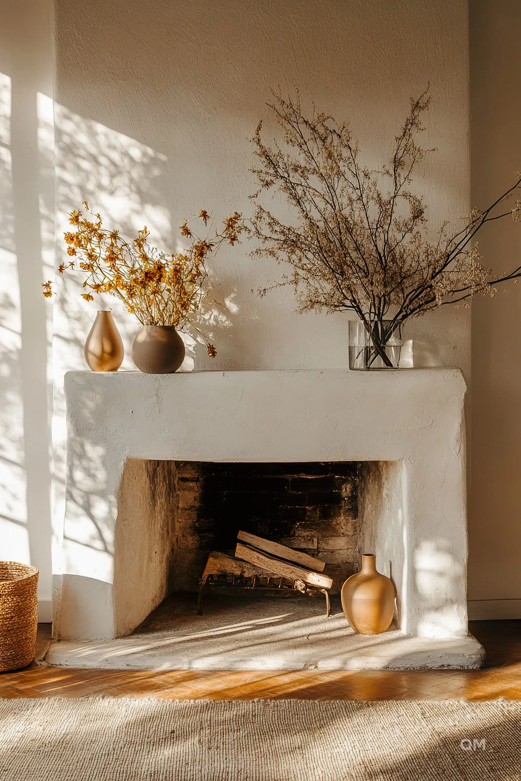 A cozy corner with a white fireplace adorned with decorative vases and dried flowers, basked in warm sunlight casting gentle shadows.