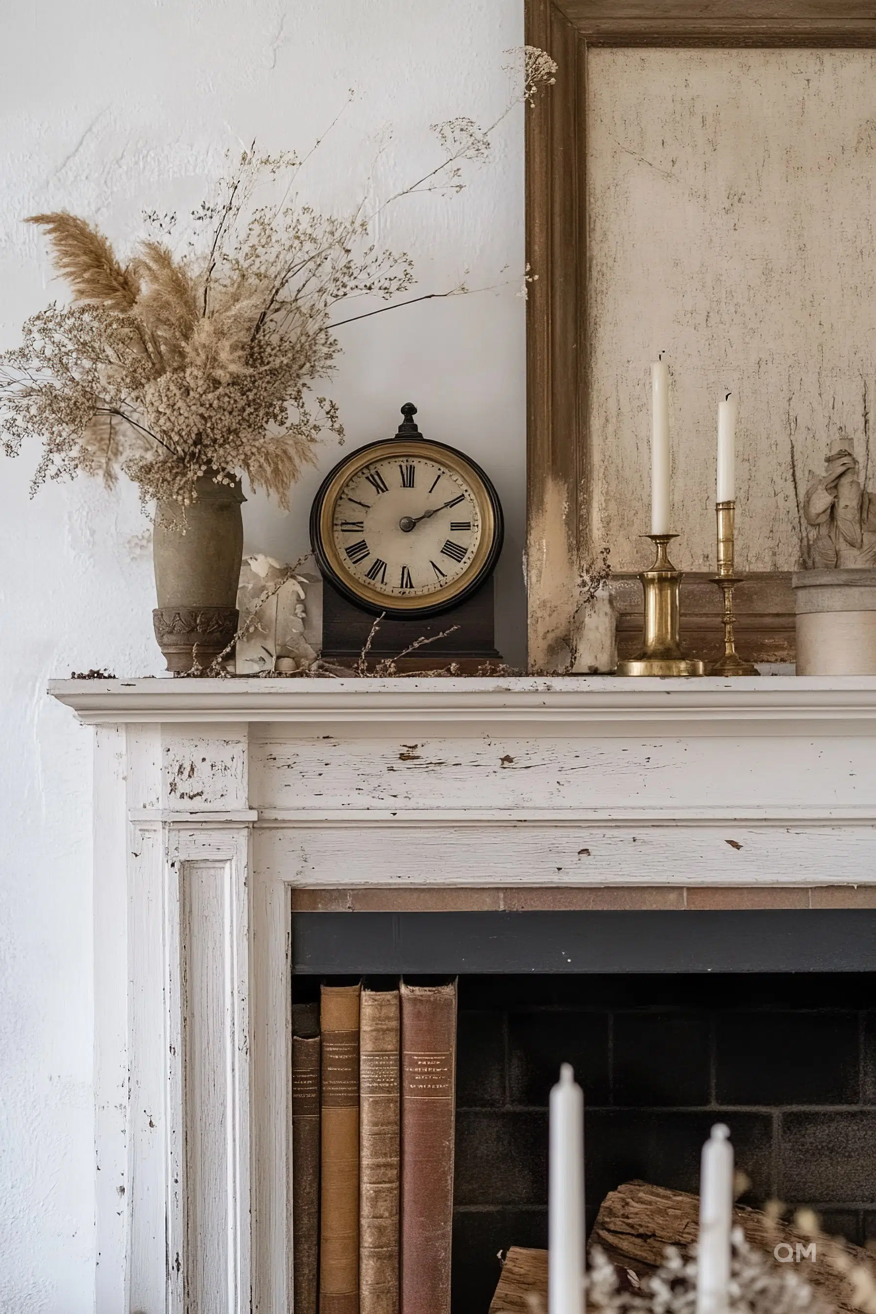 Vintage mantelpiece with clock, dried flowers, candles, distressed mirror, and old books in a rustic setting.