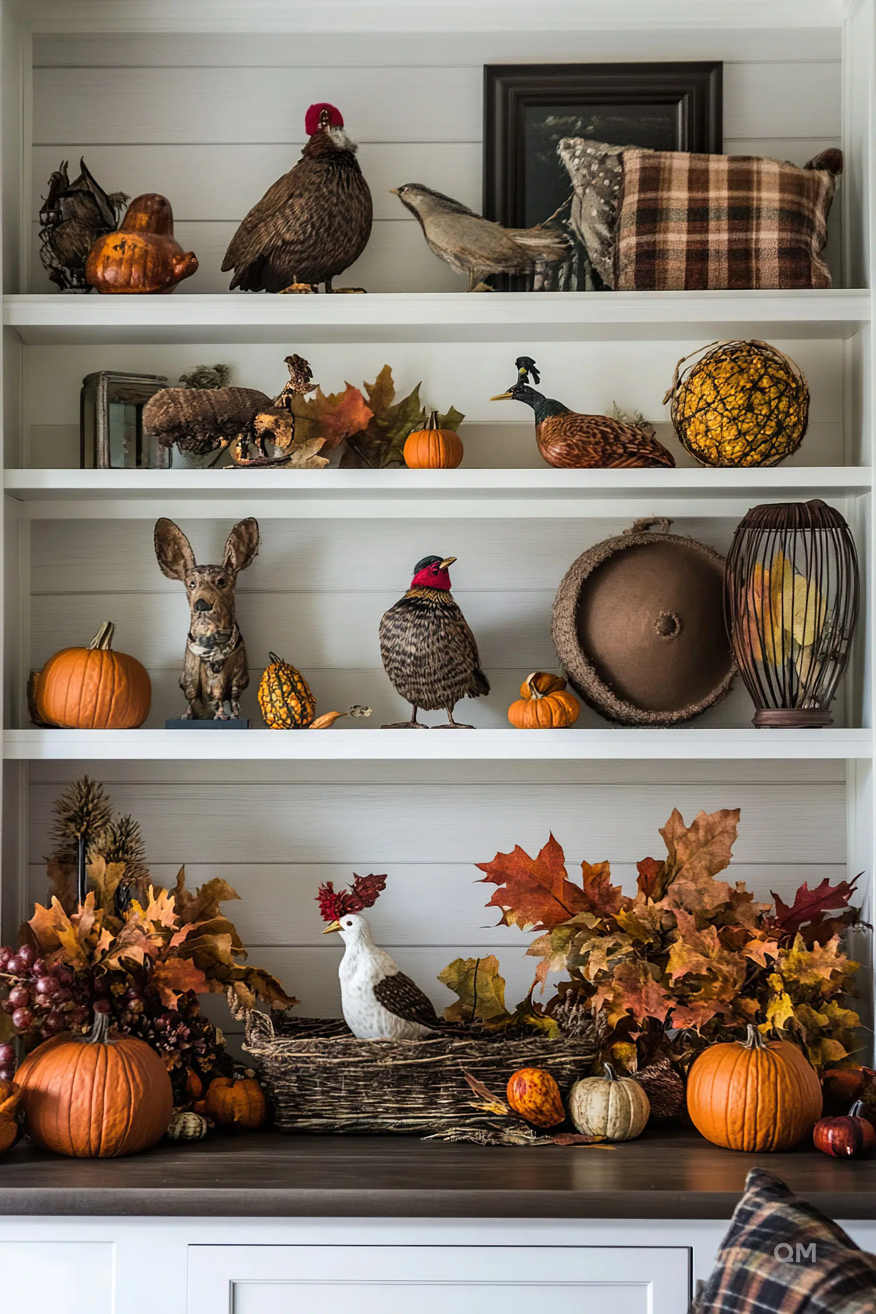 A bookshelf decorated with autumn-themed items including pumpkins, leaves, and bird figurines.