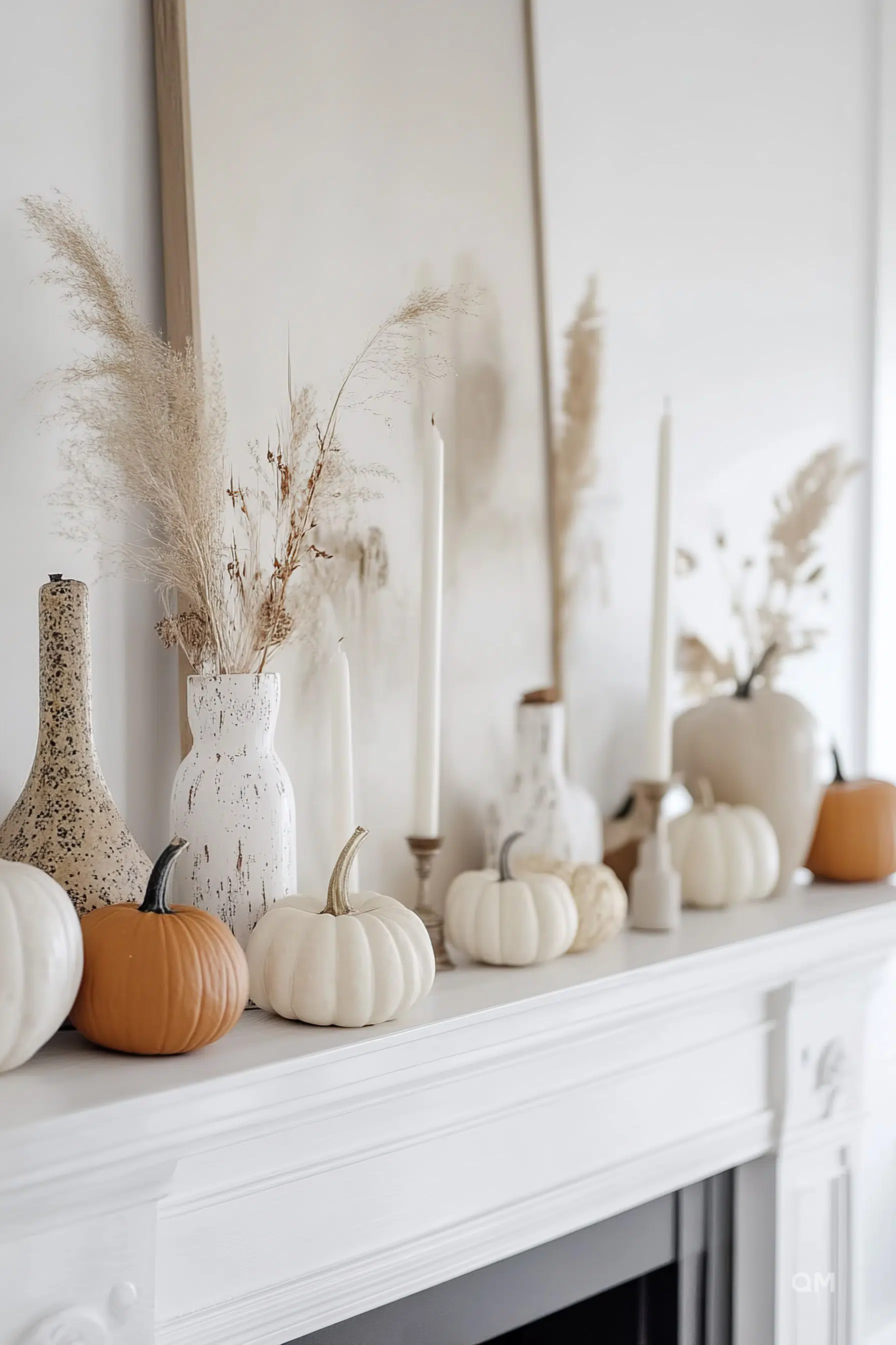 Alt text: Elegant autumn decoration on a white mantelpiece featuring a mix of white and orange pumpkins, tall candles, and vases with dry grasses.