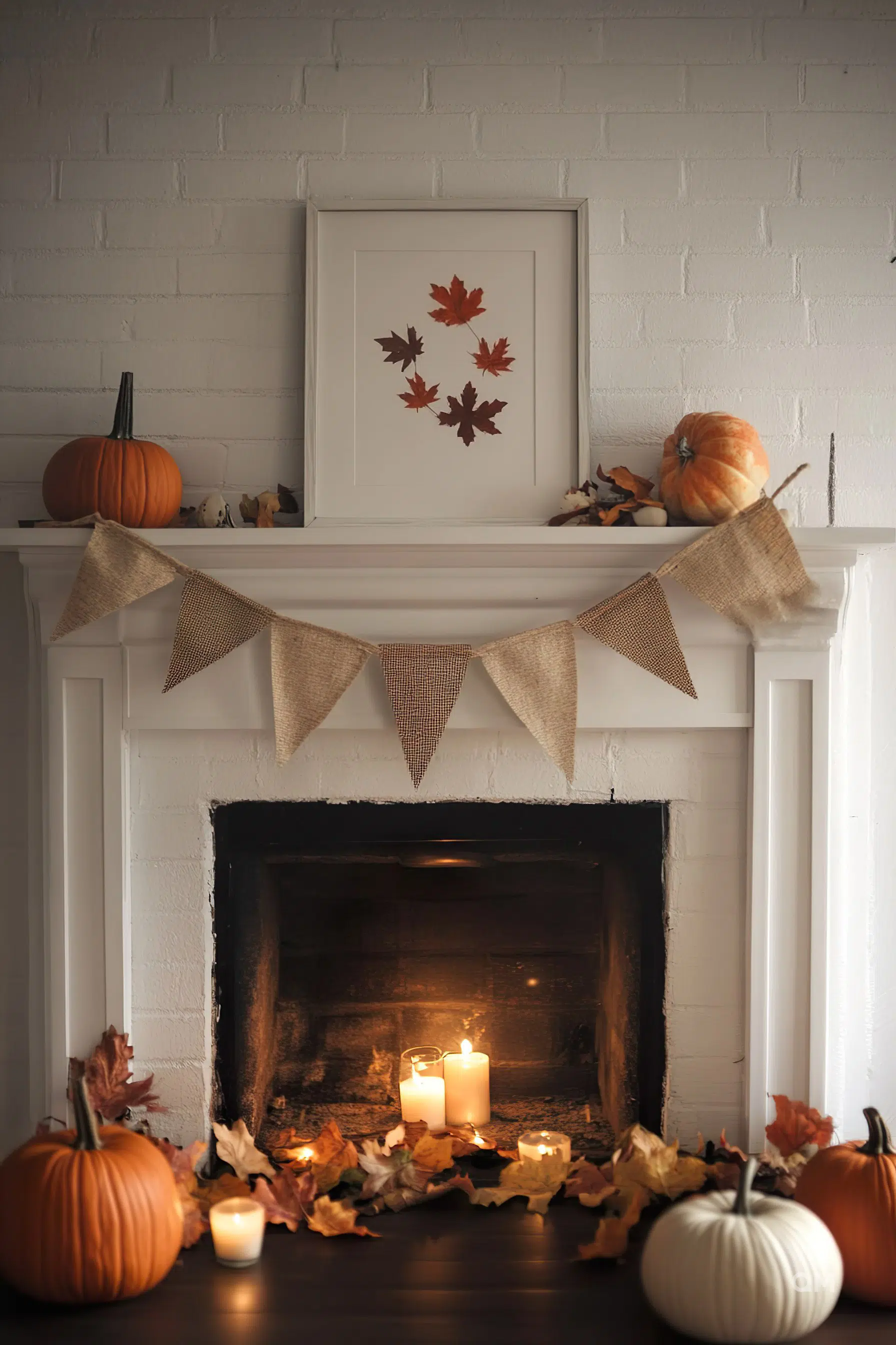 Cozy autumnal fireplace decor with lit candles, pumpkins, burlap banner, and framed leaf art on a white mantel.
