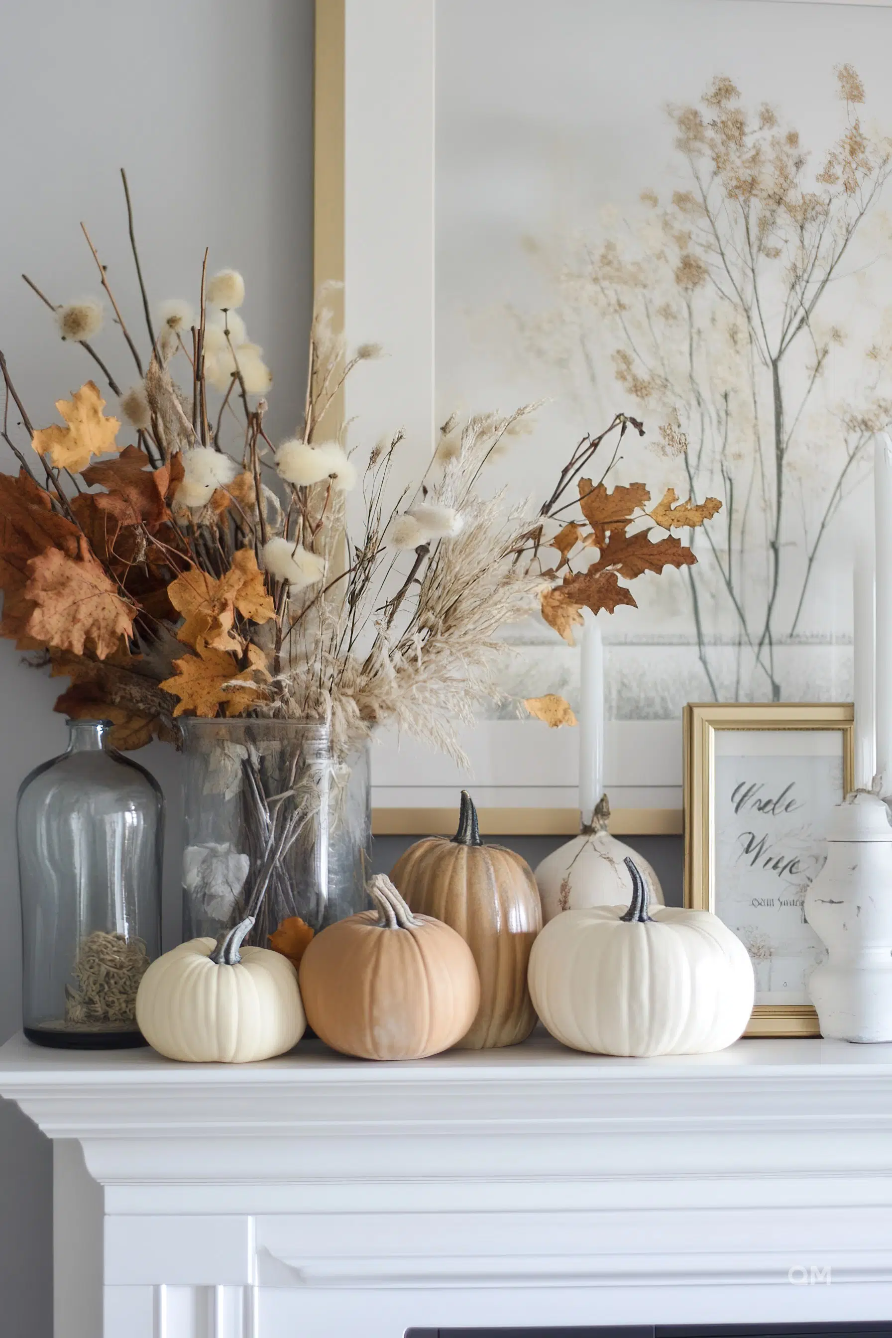 A cozy autumn mantelpiece display with dried flowers, pumpkins of various colors, and framed artwork.