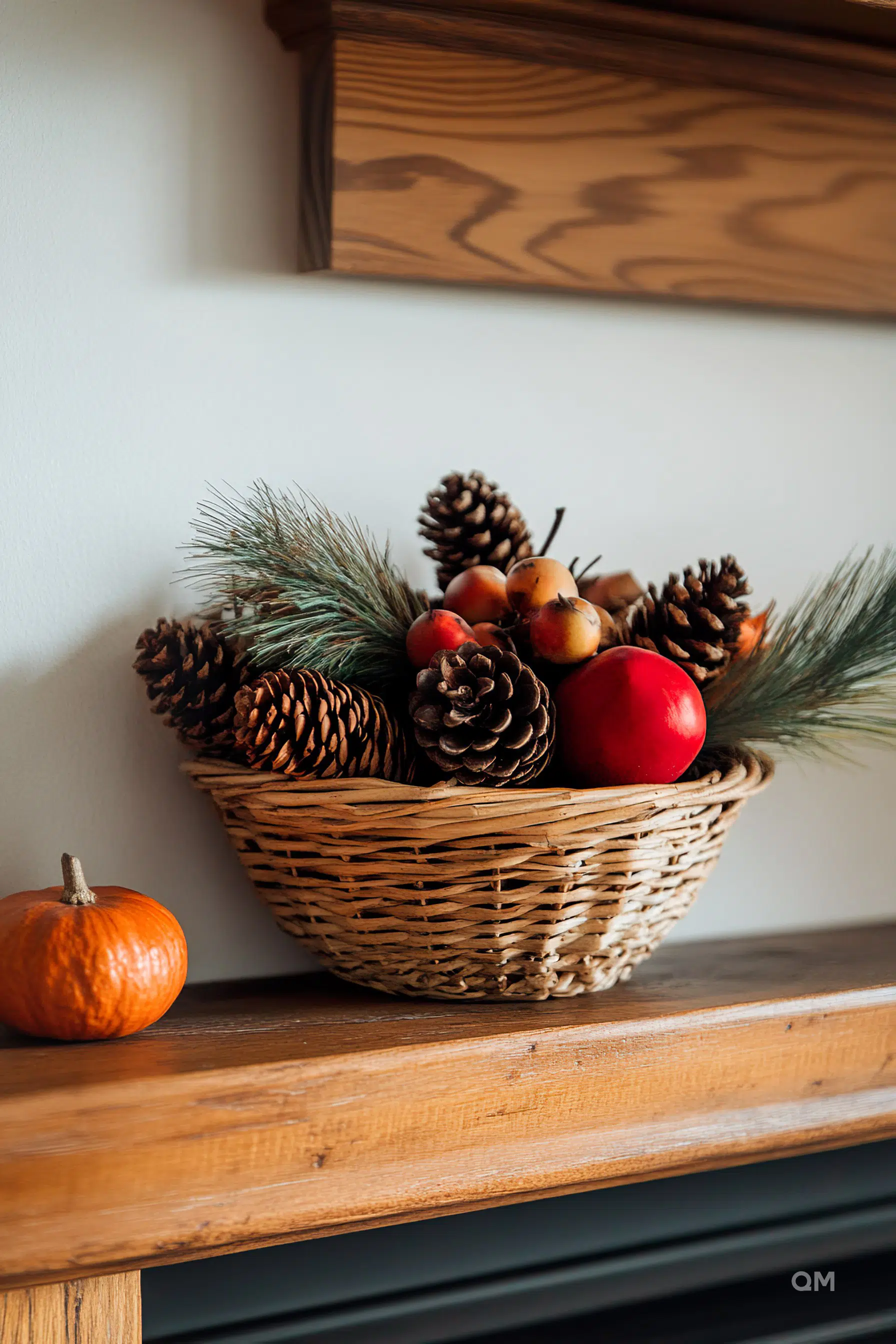 A wicker basket filled with pinecones, red apples, and green pine needles on a wooden mantelpiece, with a small pumpkin nearby.