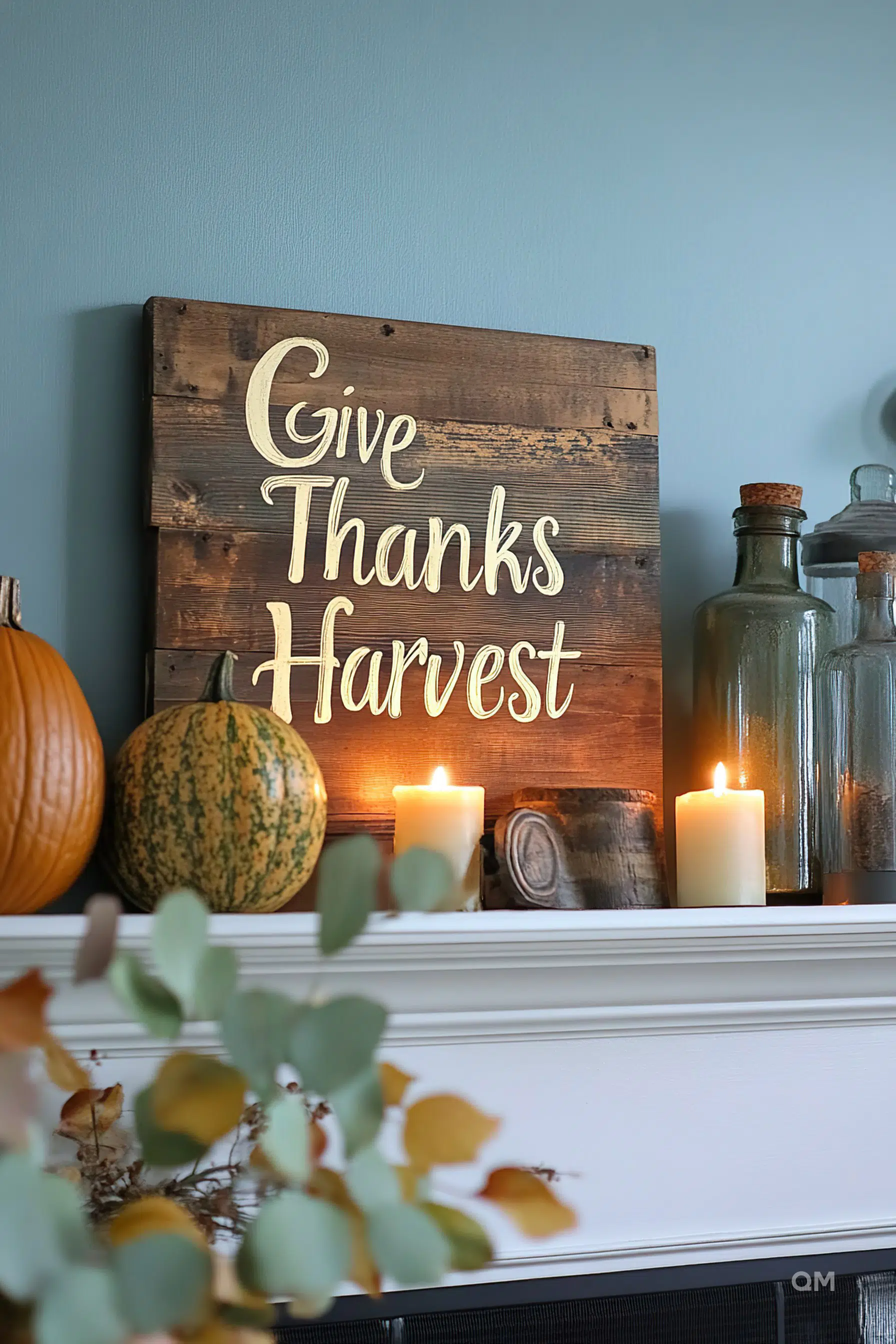Wooden "Give Thanks Harvest" sign on a mantel with pumpkins and lit candles, evoking a cozy autumn atmosphere.
