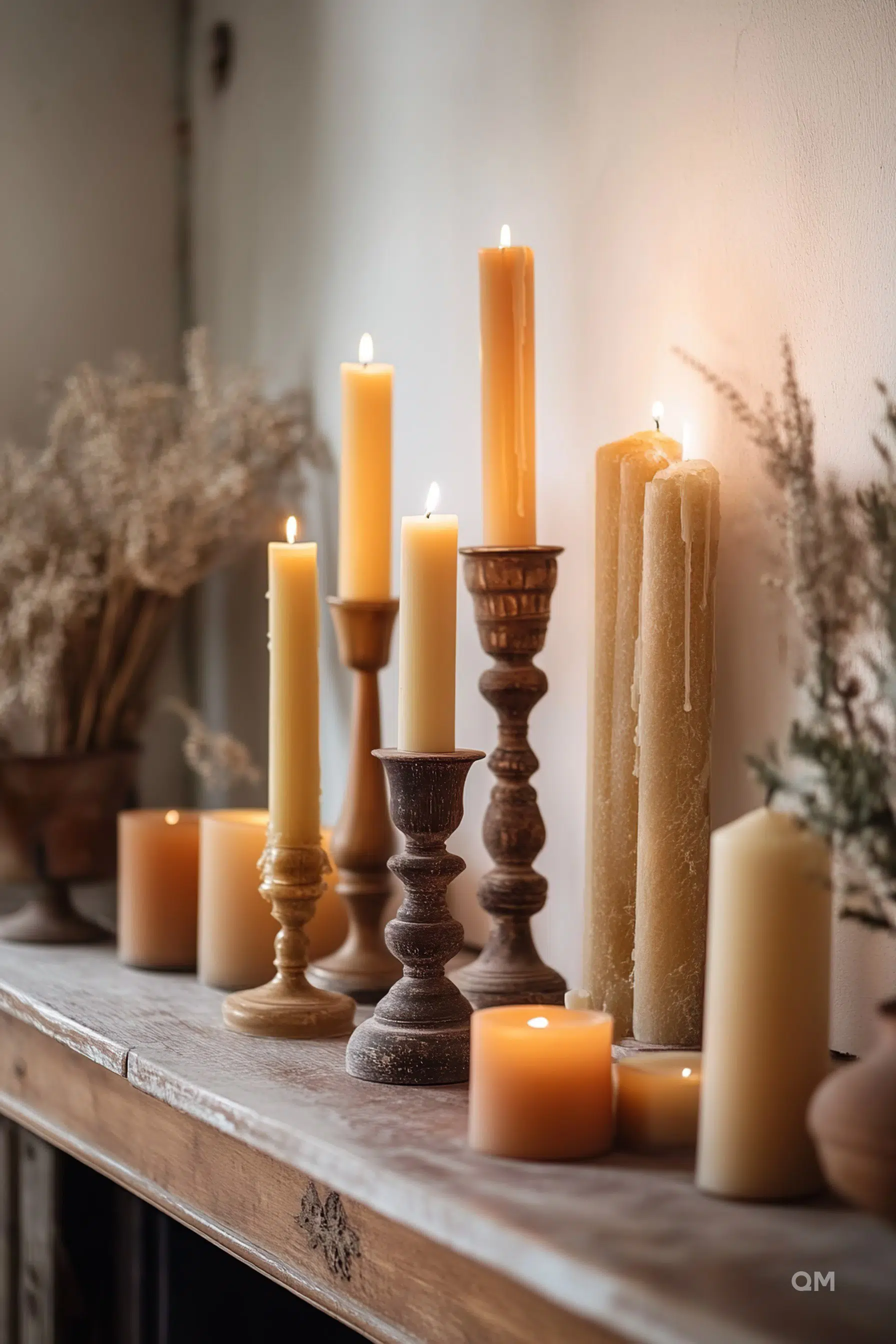 A collection of lit candles in various heights and colors on a wooden shelf, with dried flowers in the background.