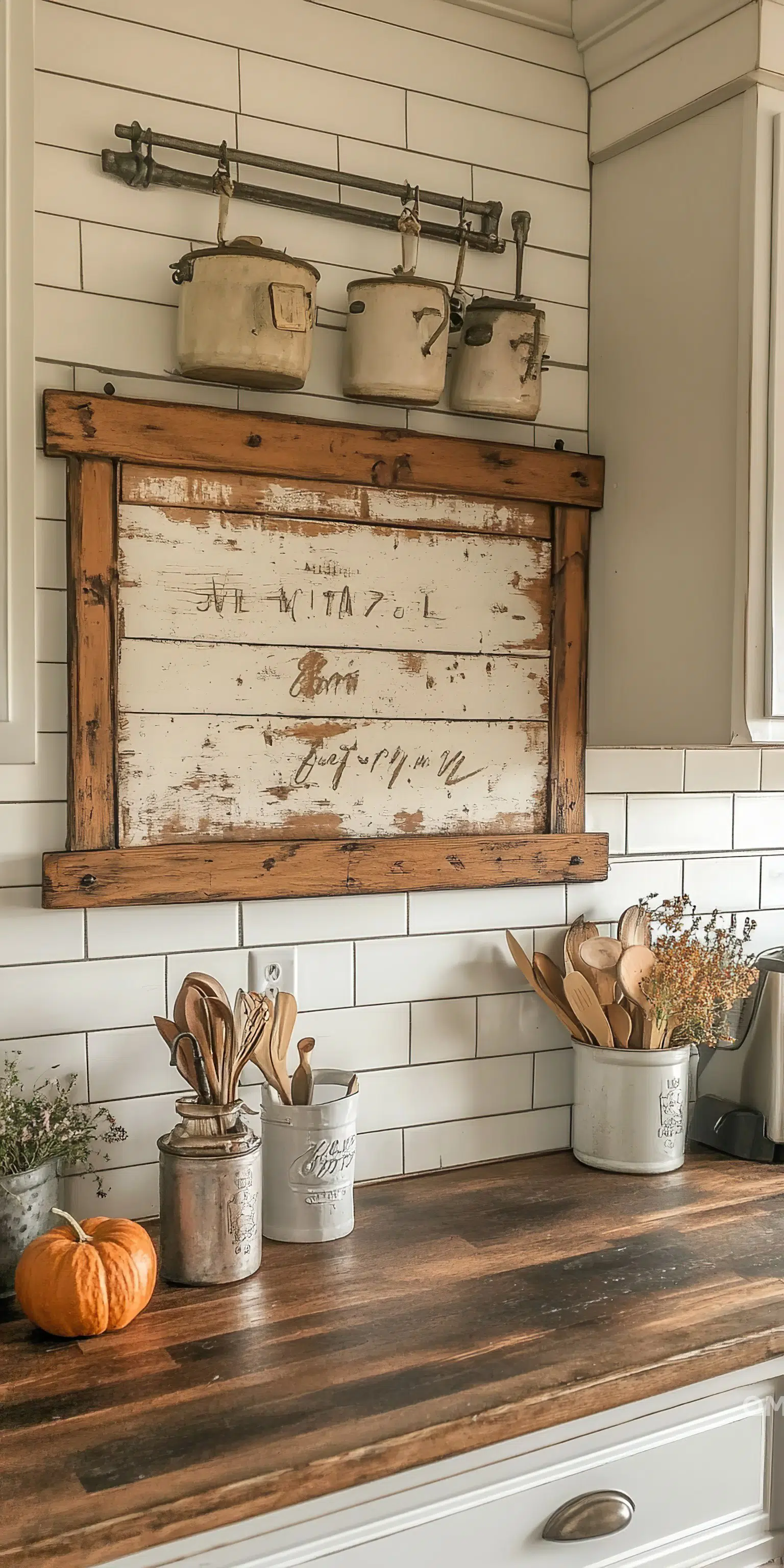 Rustic kitchen corner with wooden countertop, antique pots on a rack, and utensils in metal containers.