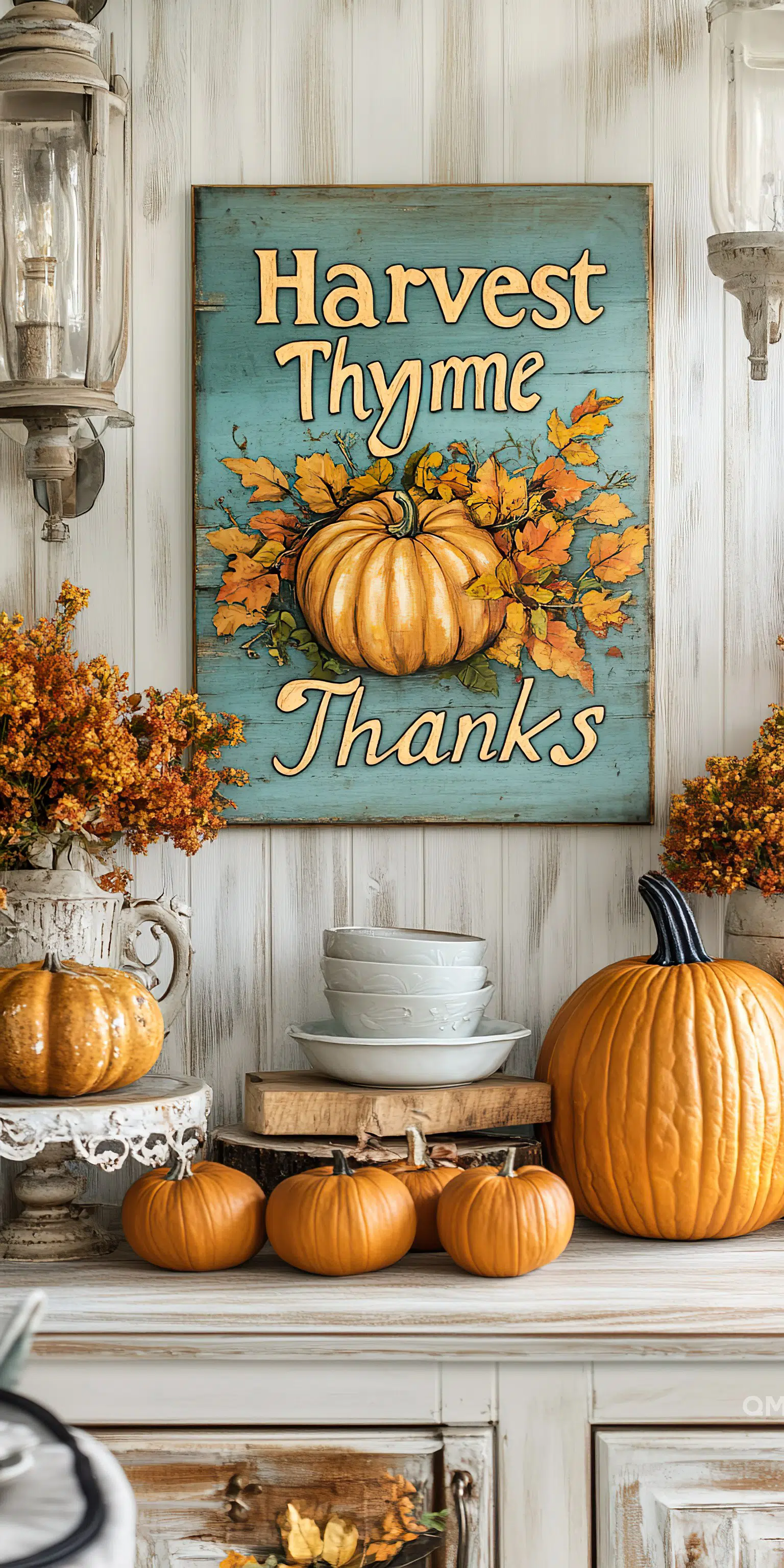 A rustic autumnal display with a "Harvest Thyme Thanks" sign, pumpkins, stacks of bowls, and orange floral arrangements.