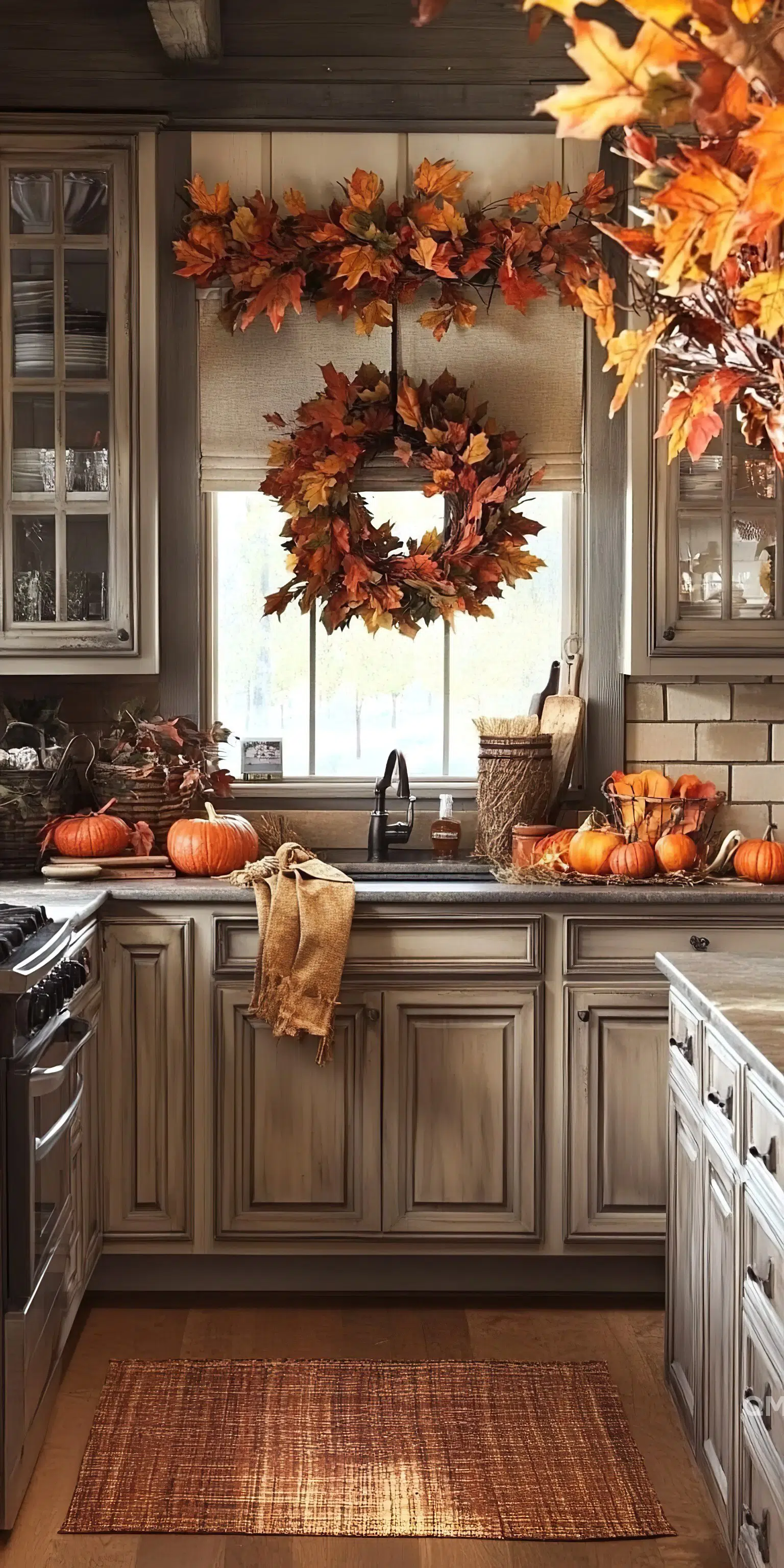 A cozy kitchen decorated for autumn with orange leaves, pumpkins, and rustic accents on cabinets and countertops.