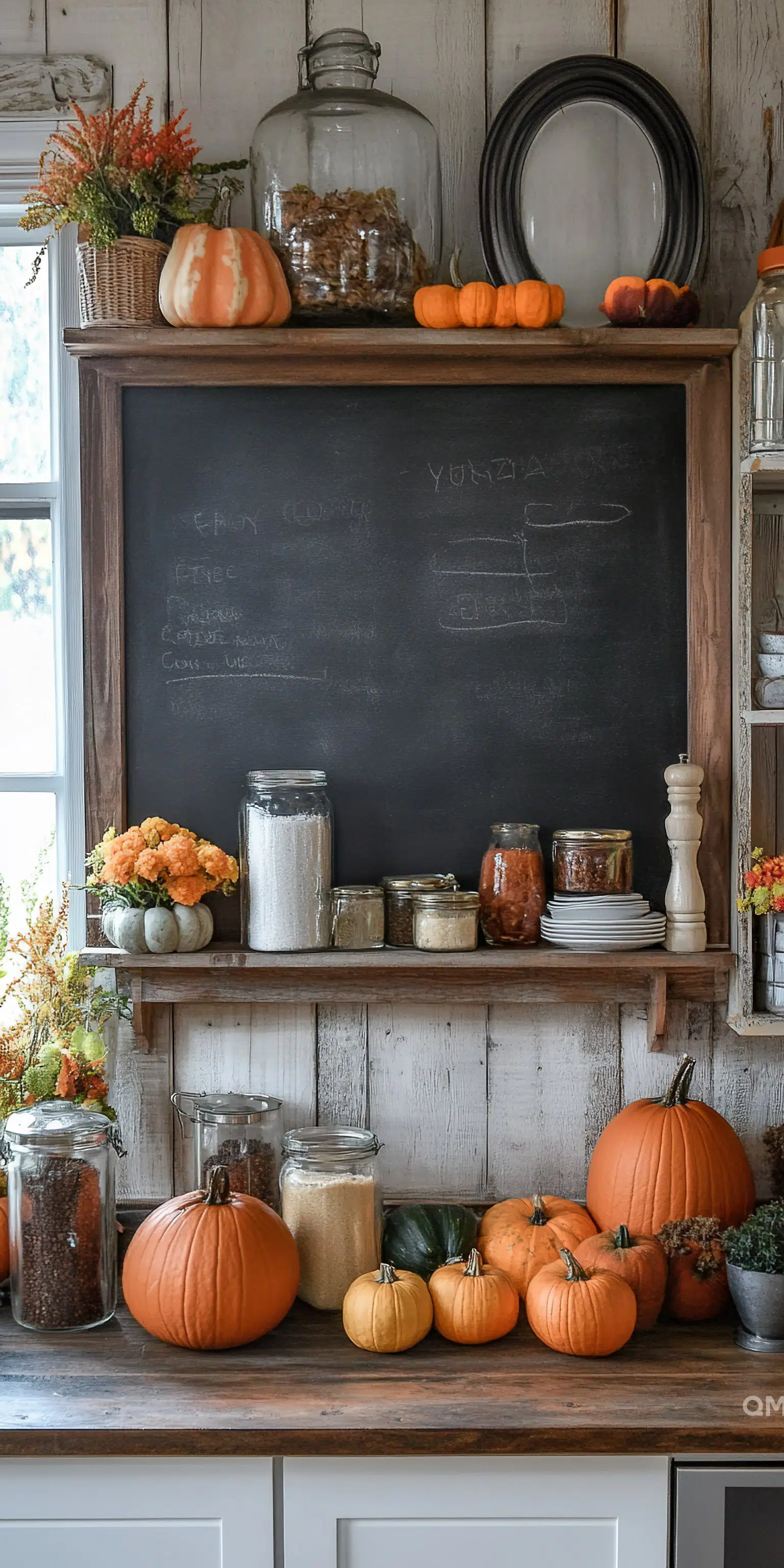 Rustic kitchen shelf decorated with autumn-themed items including pumpkins, dried flowers, and pantry jars with a chalkboard in the background.