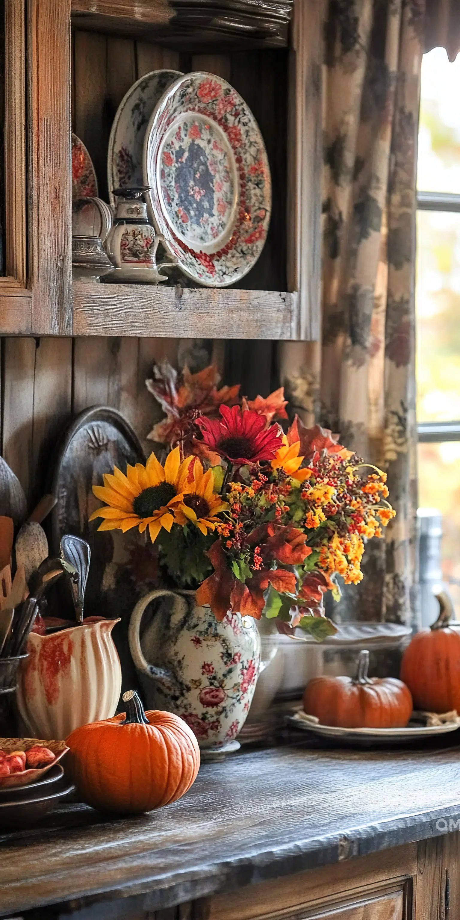 Rustic wooden shelf with vintage china, a pitcher filled with autumnal flowers, and orange pumpkins, evoking a cozy fall atmosphere.