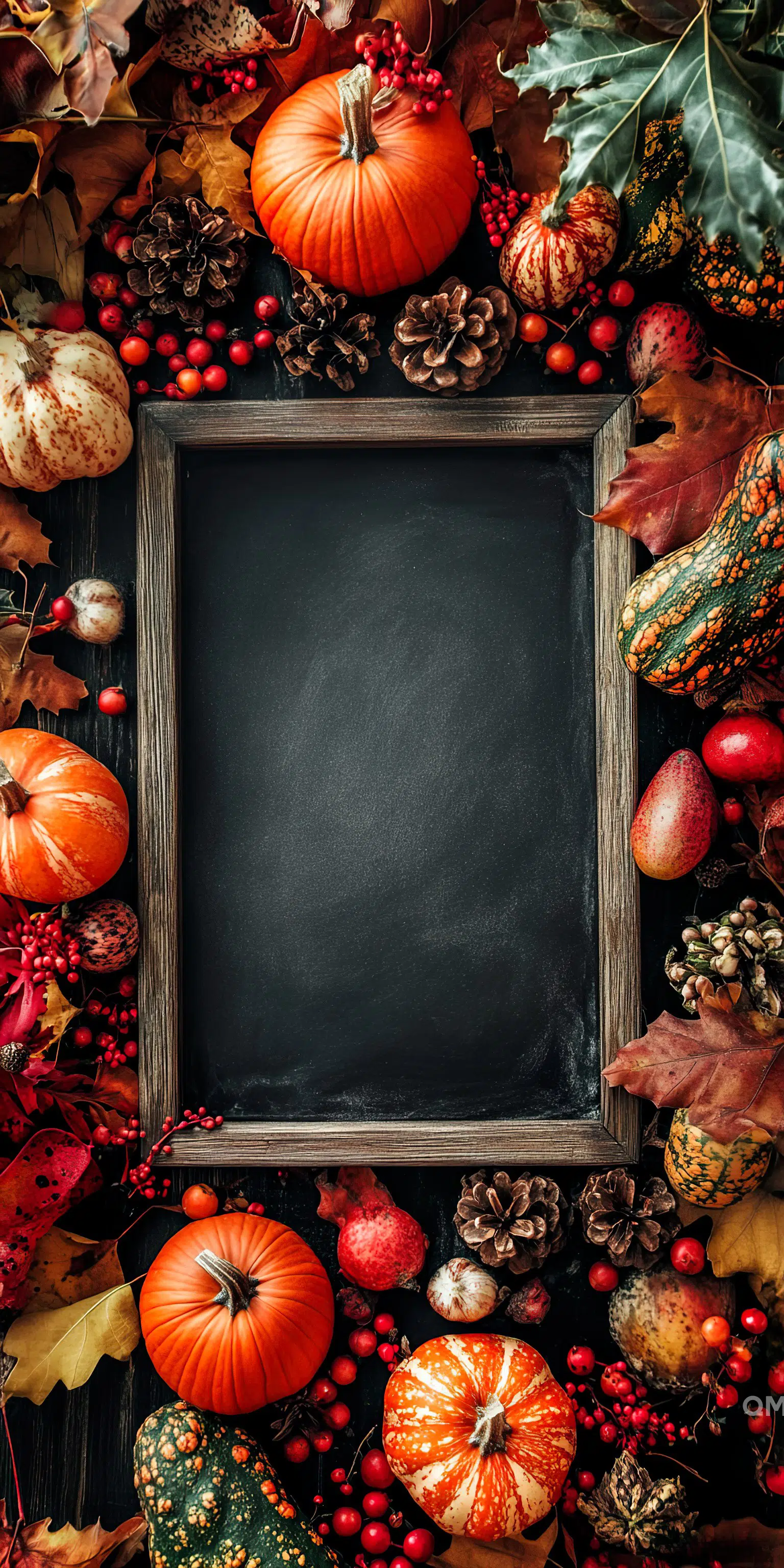 Alt text: An empty chalkboard framed by autumnal decor including various pumpkins, pine cones, leaves, and berries signaling fall season.