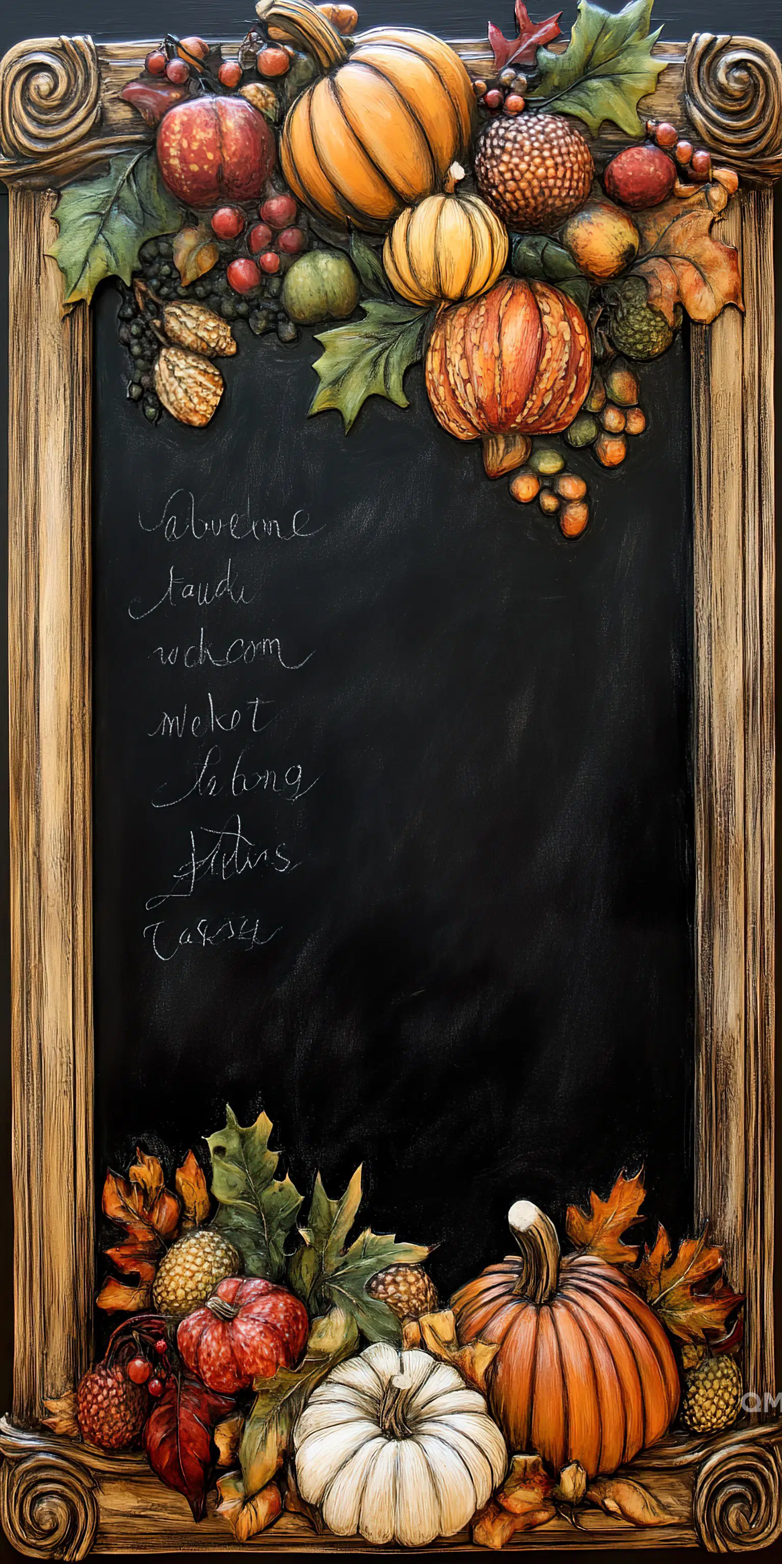 Decorative autumn-themed frame with pumpkins, leaves, and fruits surrounding a chalkboard with cursive writing.