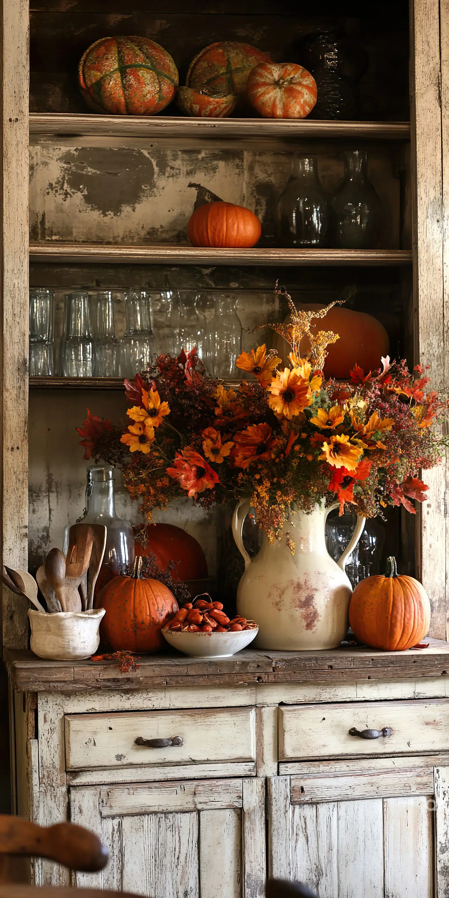 Rustic wooden cupboard decorated with autumnal items including pumpkins, gourds, orange flowers in a vase, and kitchen utensils.