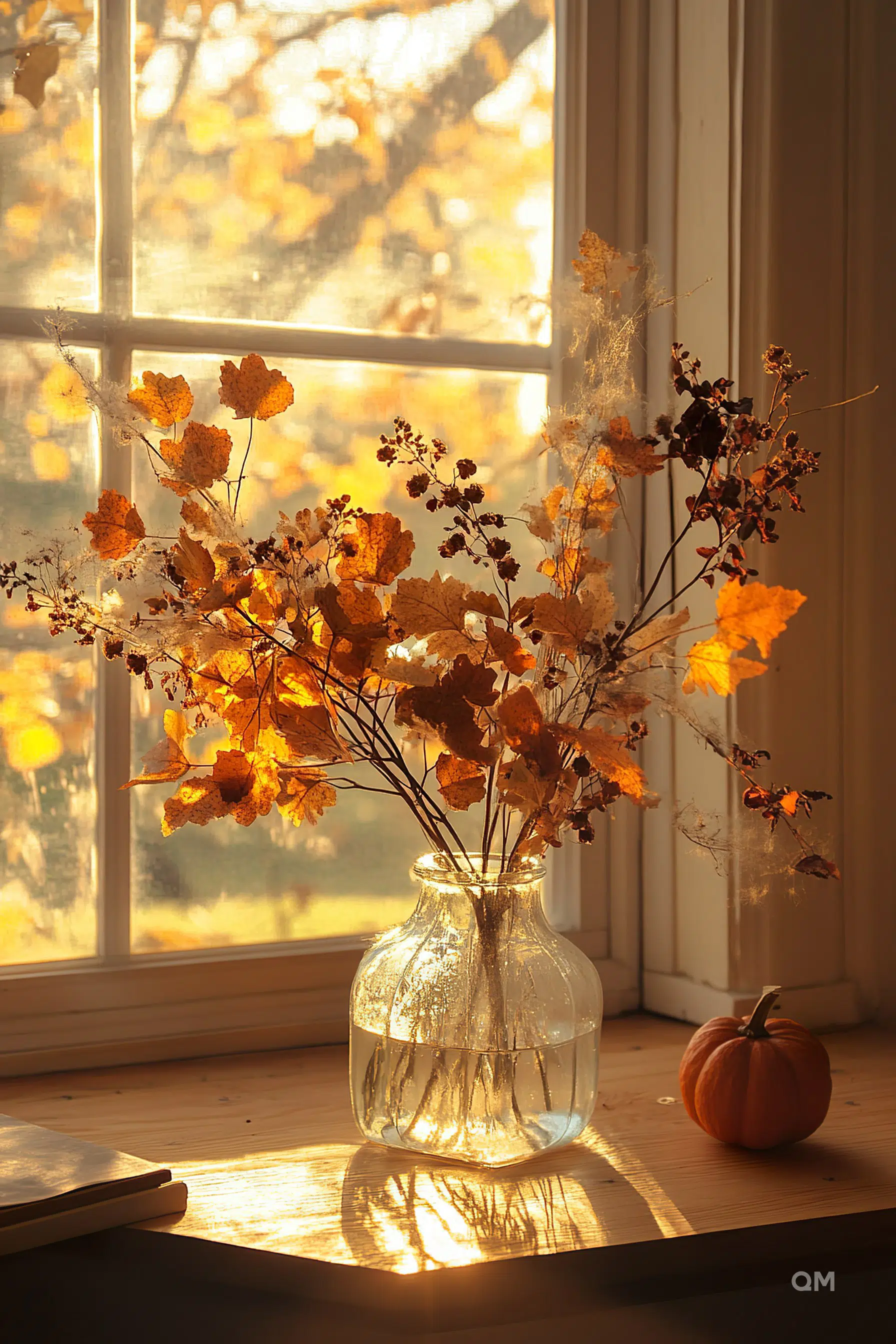 Alt text: Warm sunlight streams through a window, illuminating a glass vase with autumn leaves and a small pumpkin on a wooden surface.