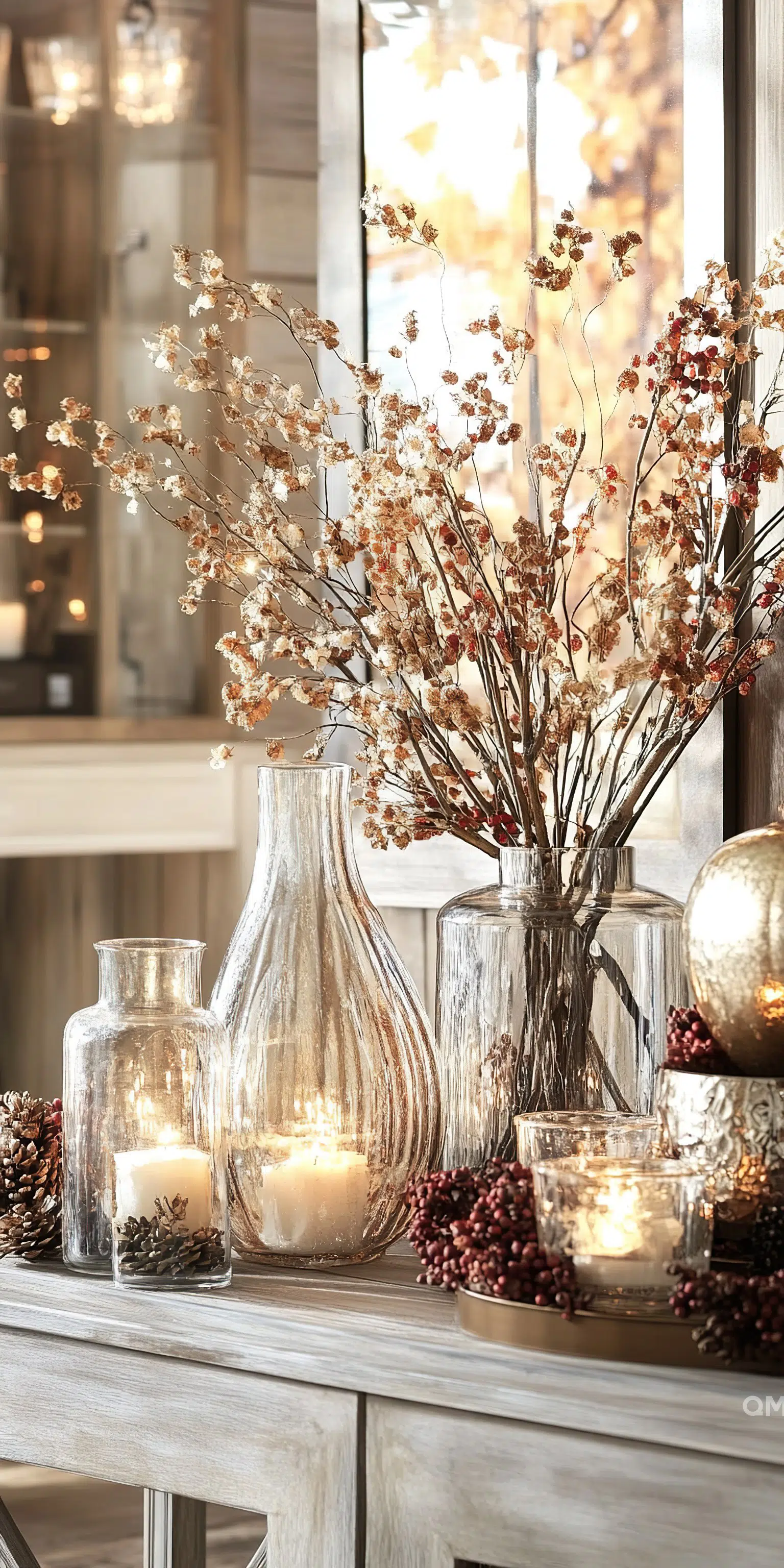 A cozy autumnal setting with candles in textured glass holders, dried flowers in vases, pinecones, and berries on a wooden table.