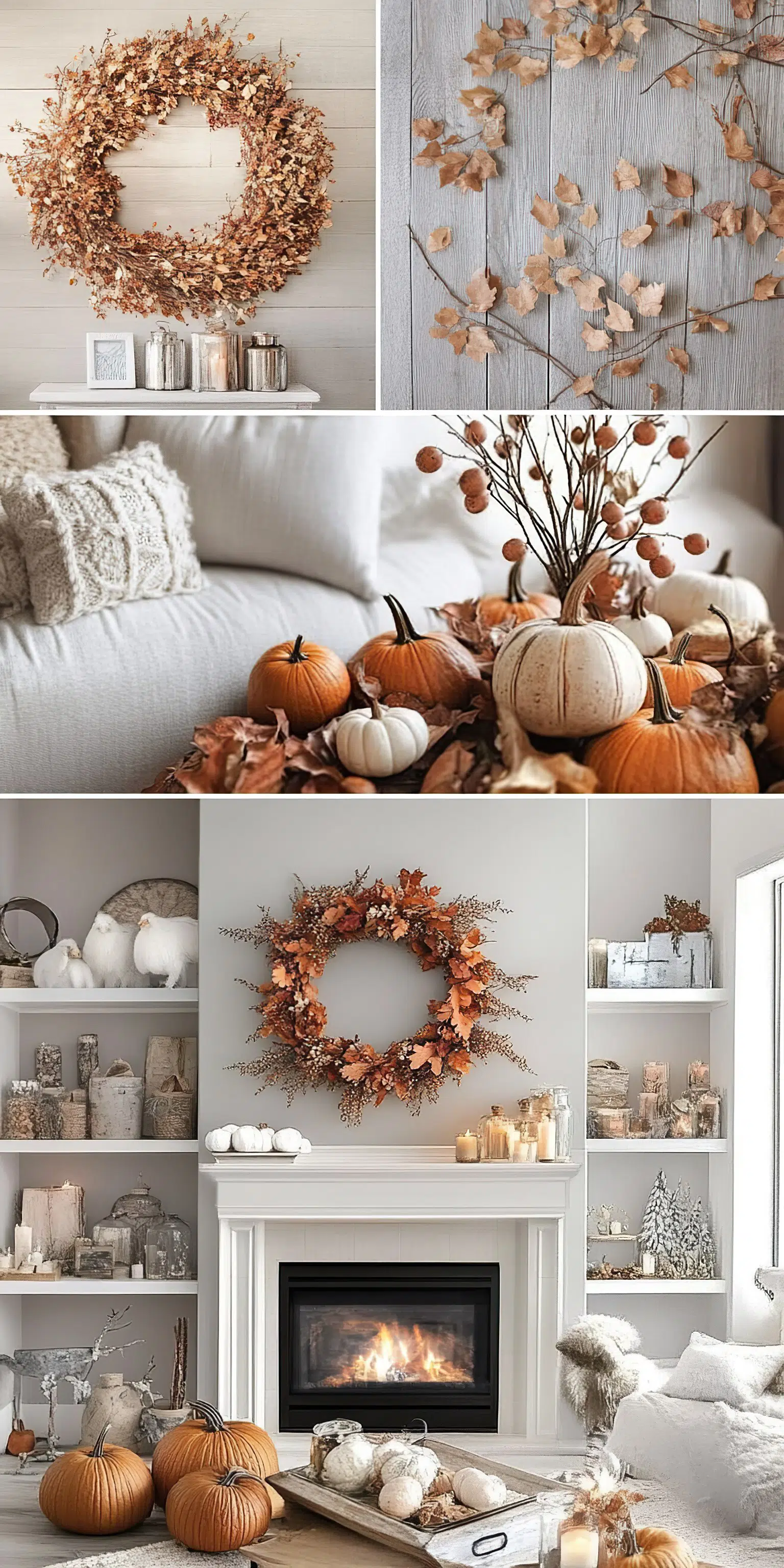 A collage of cozy autumnal home decor, with wreaths, pumpkins, and a fireplace set in warm, neutral tones.
