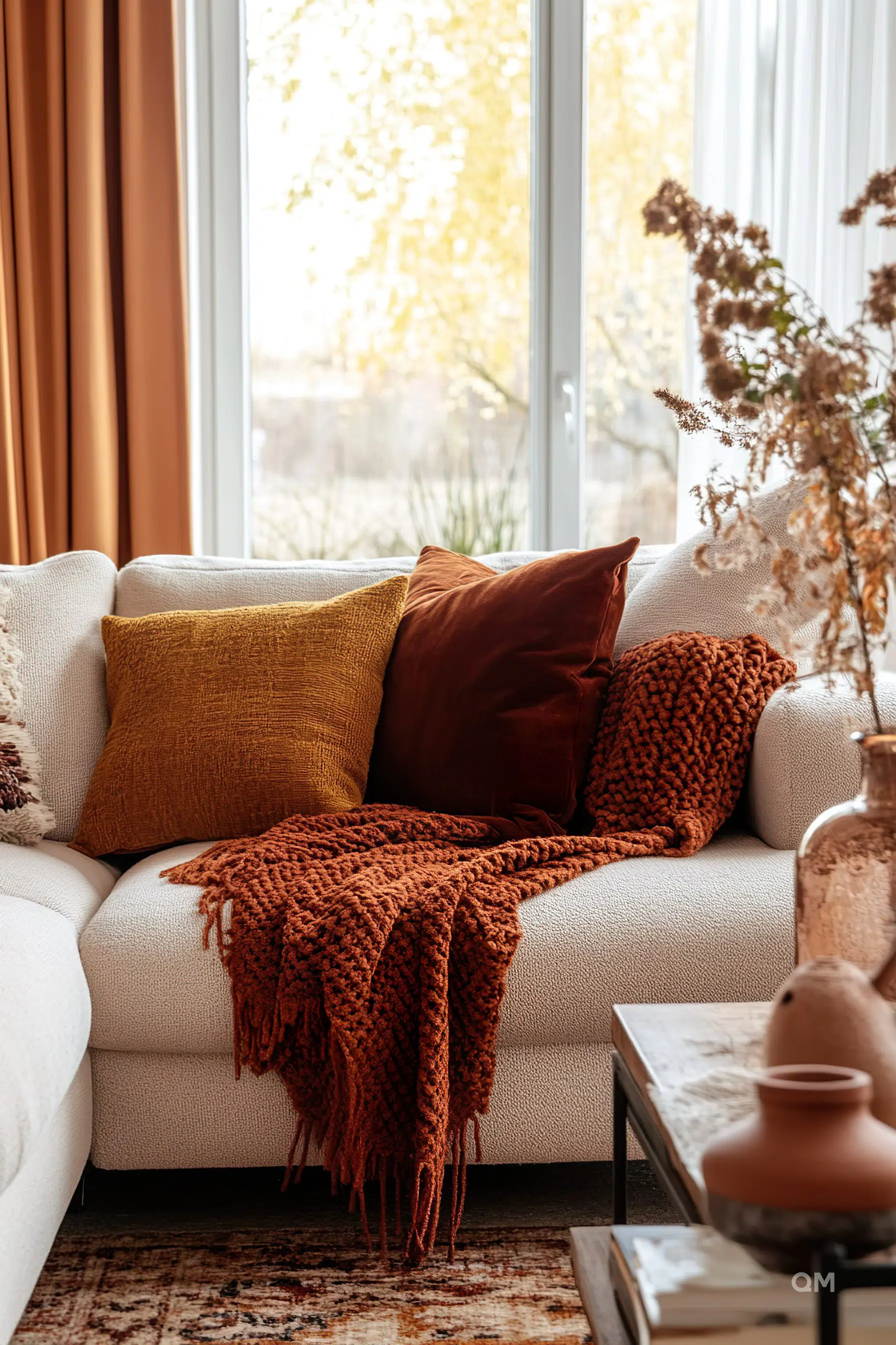 Cozy living room corner with a comfortable sofa, decorative cushions, a knitted throw blanket, and a view of autumn foliage outside the window.