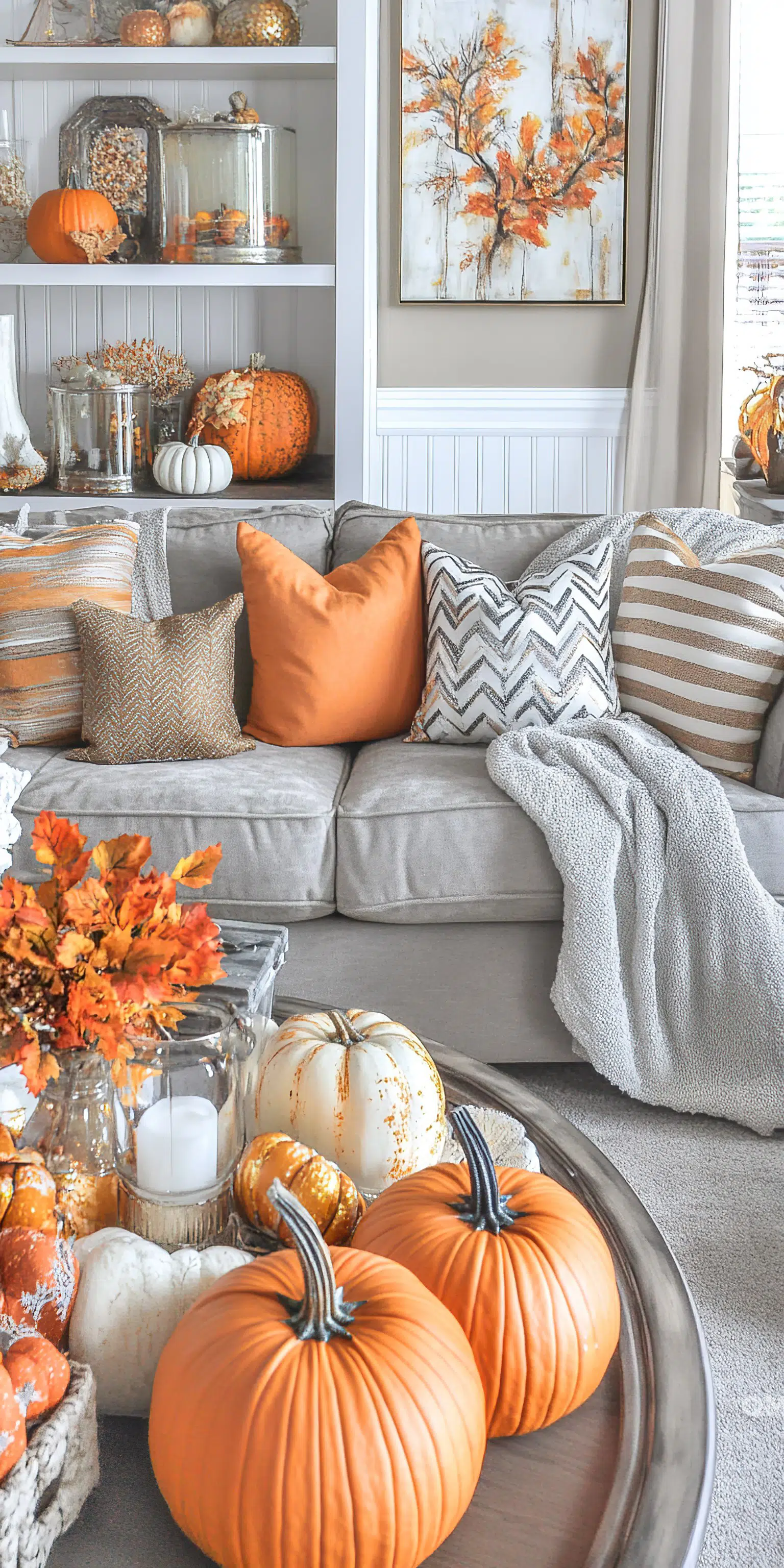 A cozy autumn-themed living room with decorative pumpkins, fall foliage arrangements, and a mix of patterned cushions.