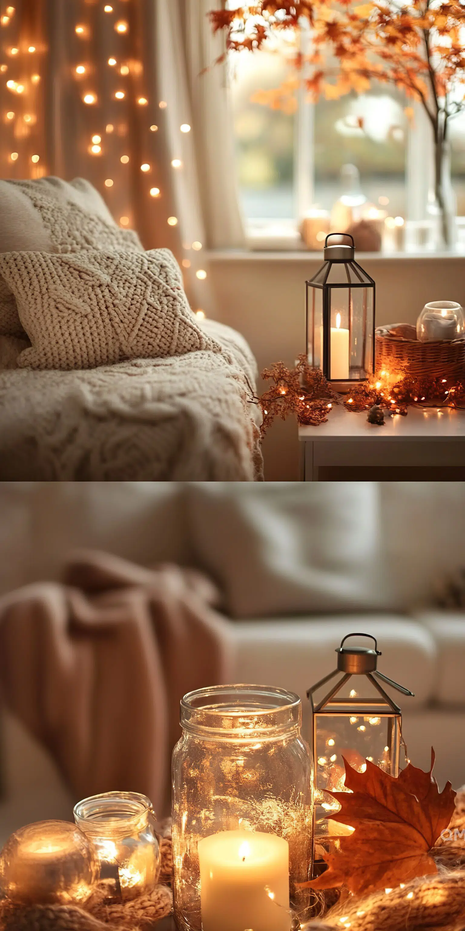 Cozy autumnal home decor with cable-knit blanket, candles, lantern, and twinkling lights by a window with fall leaves outside.