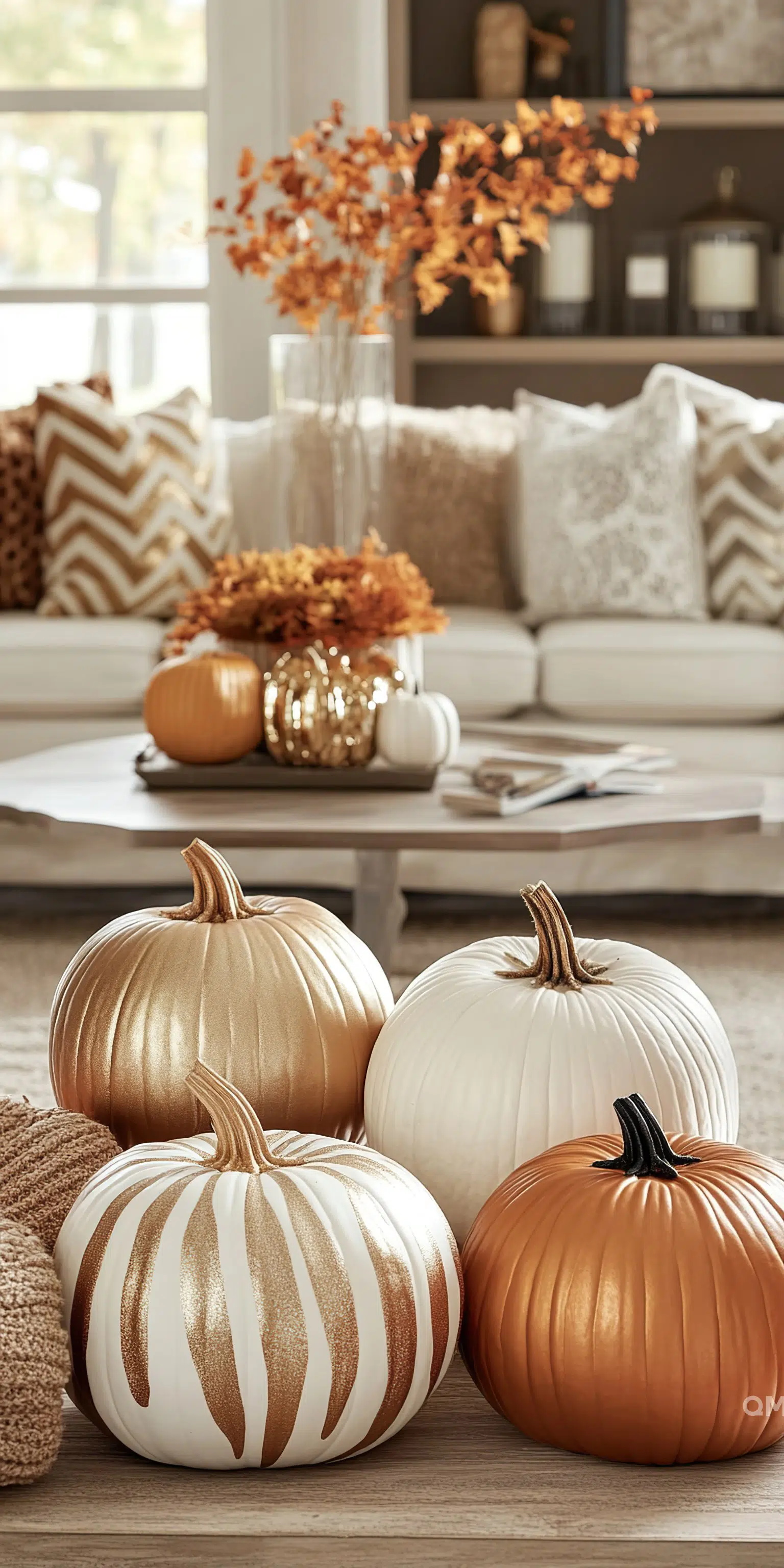 A cozy autumn-themed living room with decorative pumpkins in white, gold, and orange on the floor and table with fall foliage in the background.