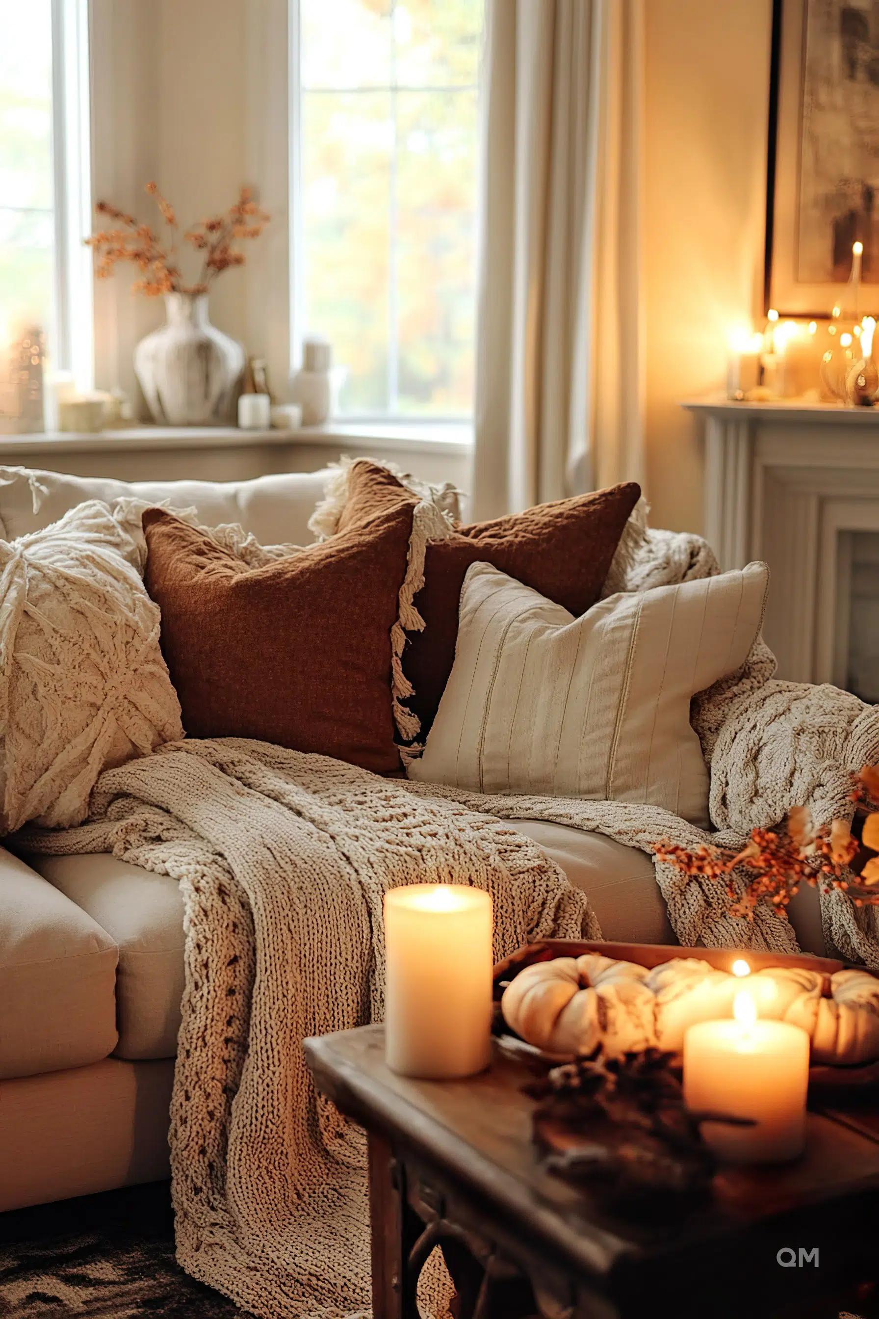 Cozy room with a beige sofa adorned with knitted blankets and pillows, lit candles on a wooden table, and autumn decor by the window.