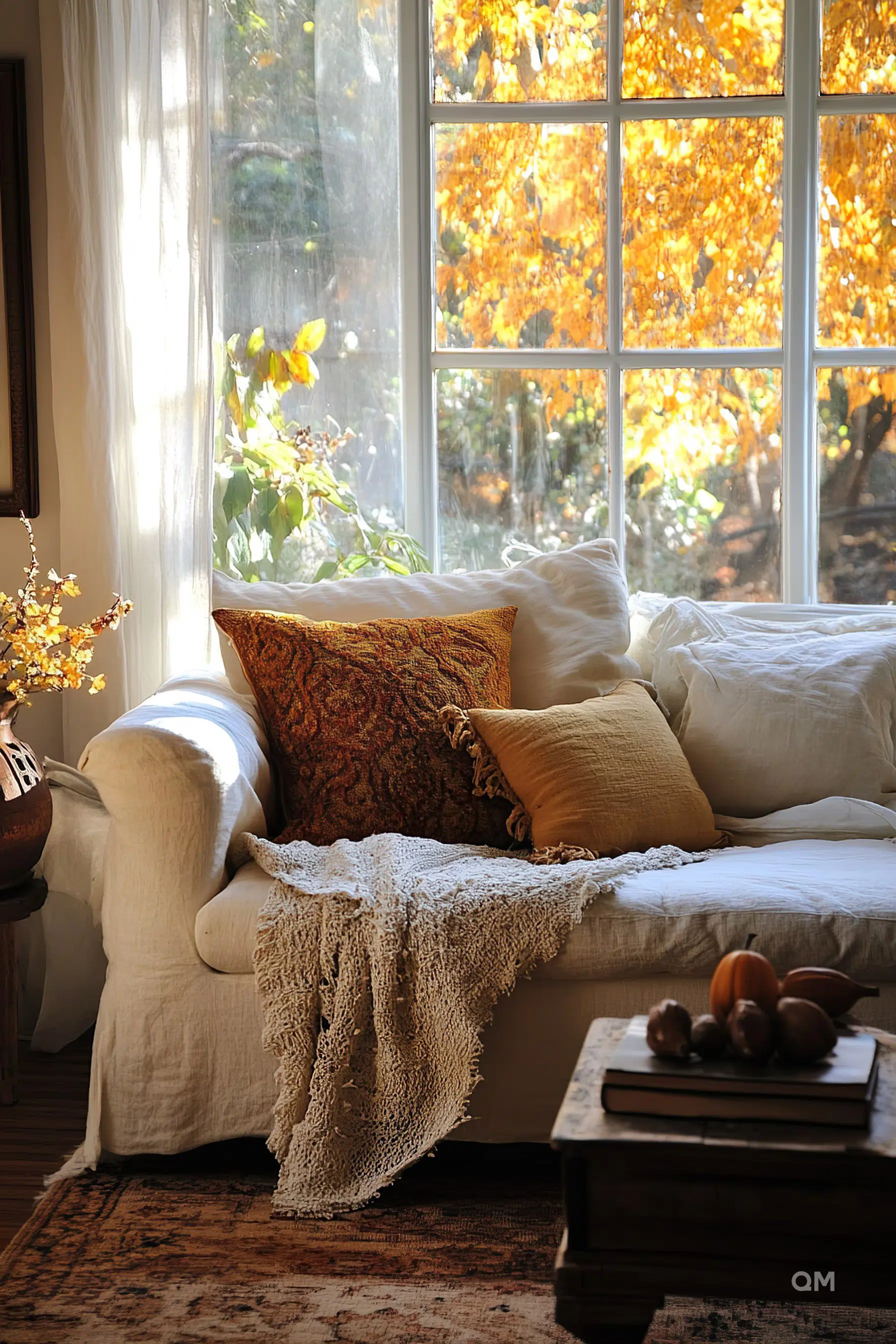 Cozy autumn living room with a white sofa, warm-hued pillows, a crochet throw blanket, and a view of golden leaves outside a sunny window.