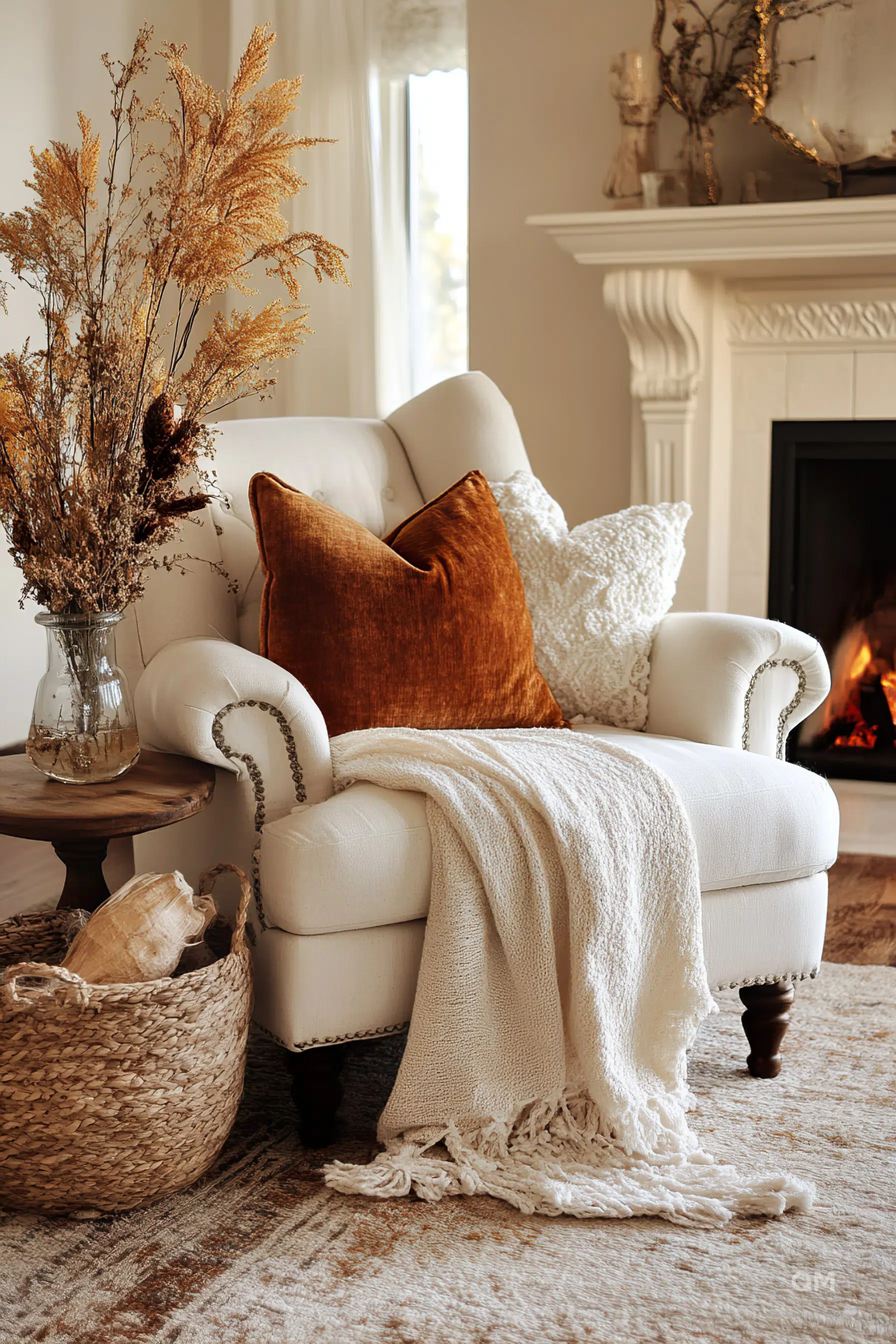 Cozy living room corner with an upholstered armchair, a white throw blanket, a velvet pillow, and dried flowers by a fireplace.