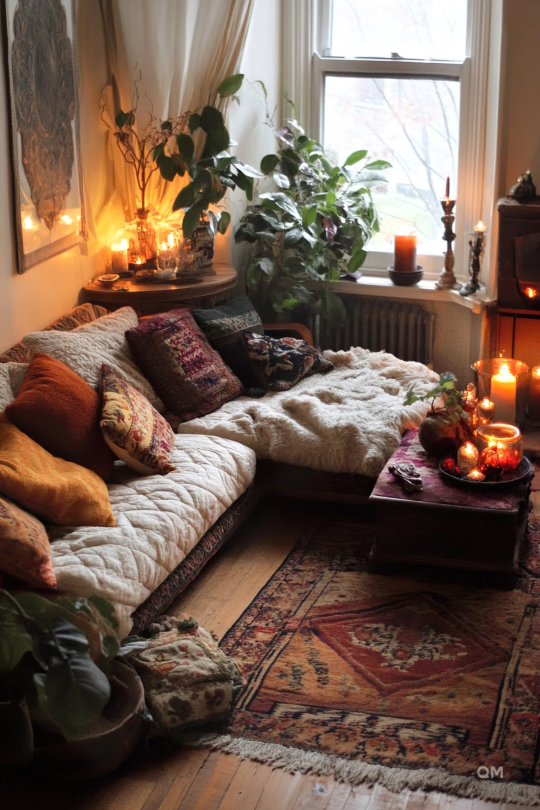 A cozy bohemian-style room with a low-lying sofa bed, decorative pillows, candles, plants by a window, and warm lighting.
