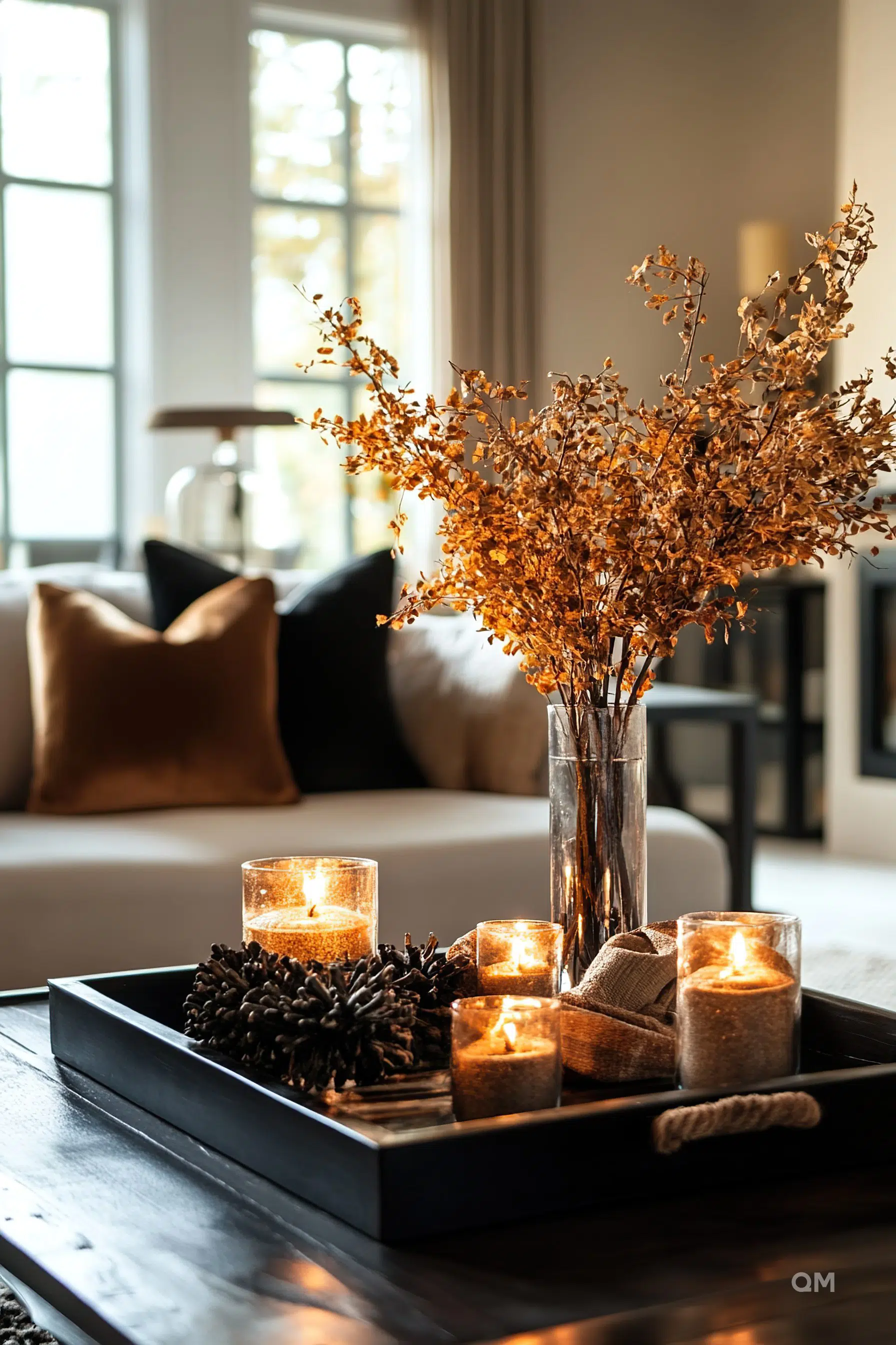 Cozy autumnal home decor with lit candles, pine cones, and dried branches in a vase on a wooden table, with a sofa and window in the background.