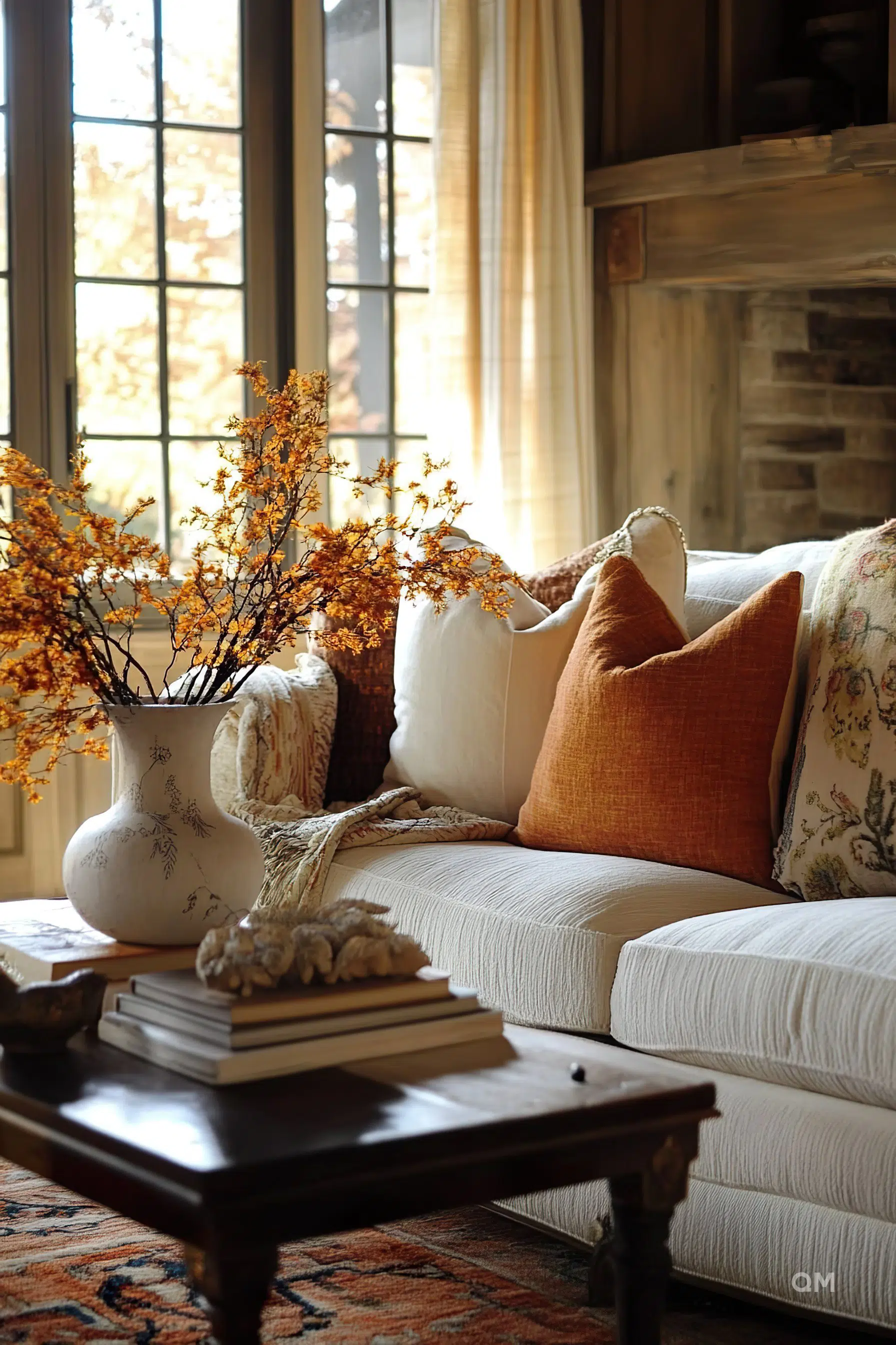 Cozy living room corner with a white couch, orange pillows, a vase with autumn branches, and a coffee table with books, near a large window.