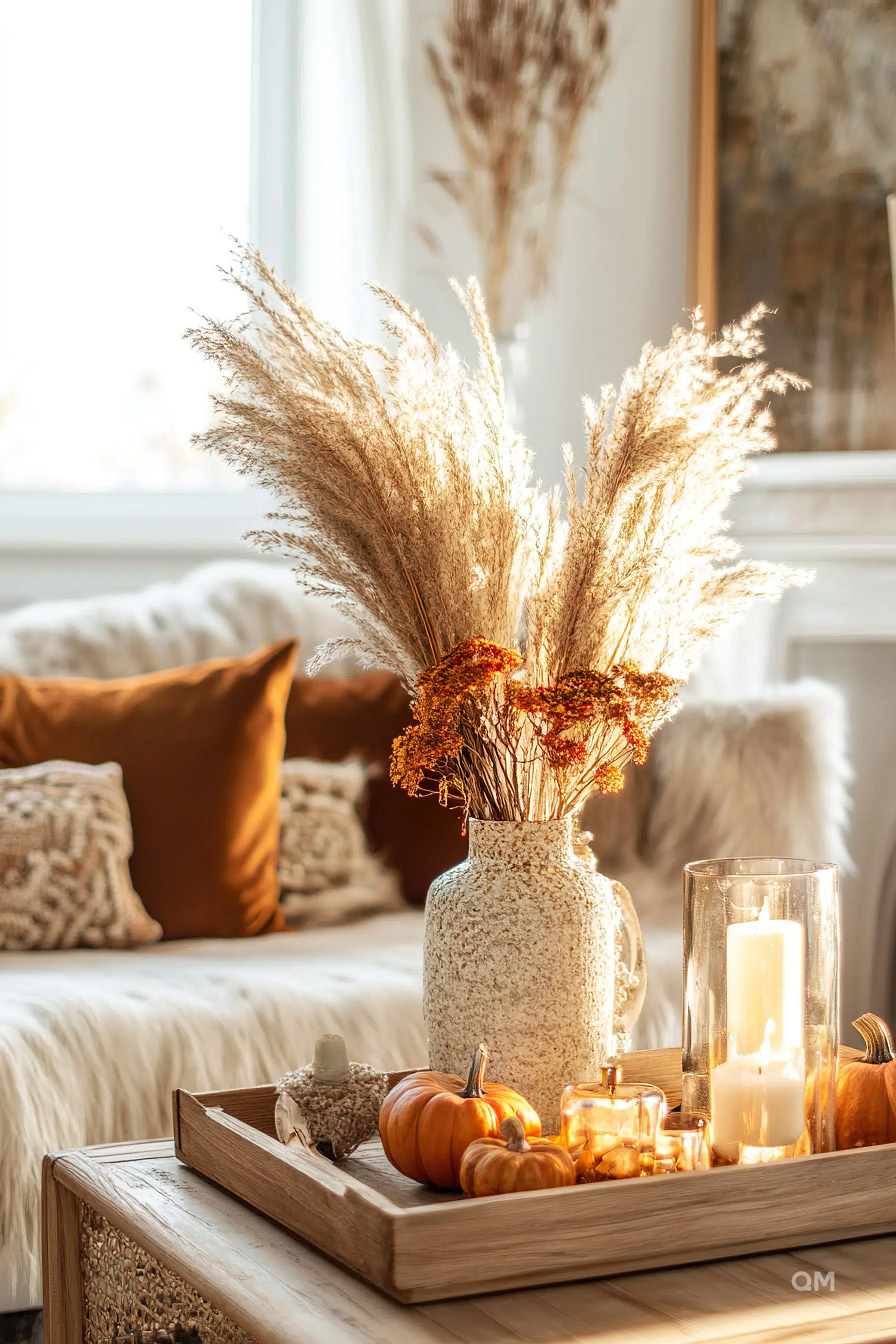 A cozy autumnal setting with dried pampas grass in a vase, candles, and pumpkins on a wooden tray, bathed in warm sunlight.